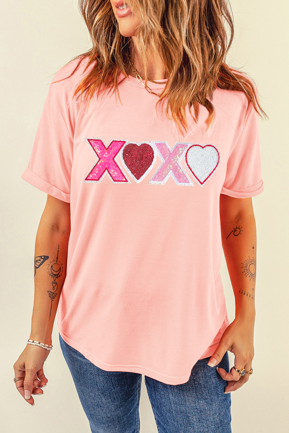 Pink Sequin Heart XOXO Patched Graphic Valentines T Shirt - loveforevers