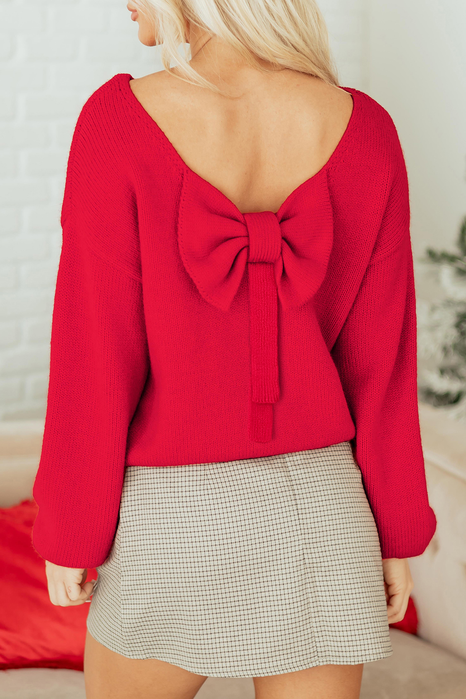 Bonbon Festive Bow Backless Bubble Sleeve Sweater - loveforevers