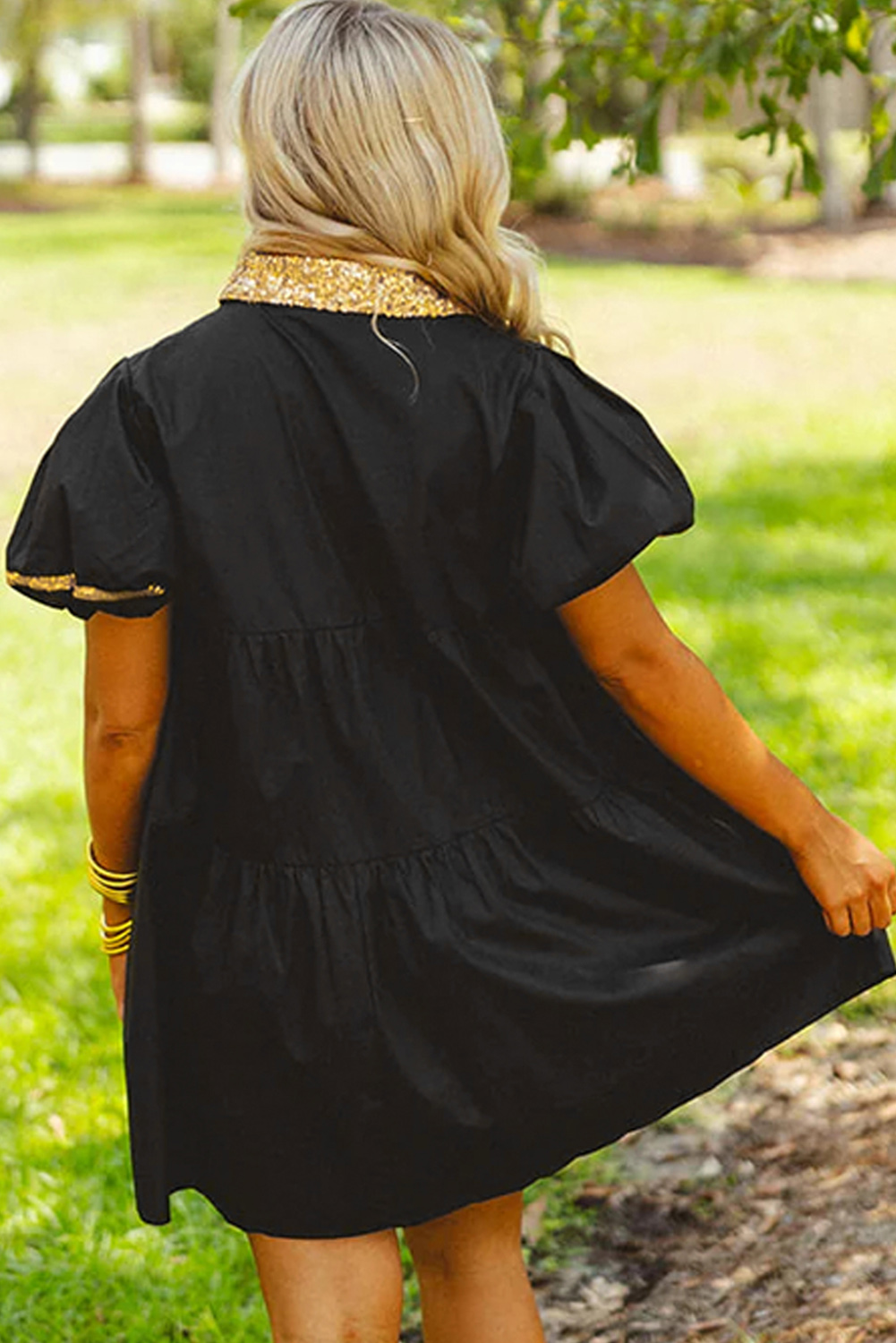 Black Sequin Trim Bubble Sleeve Game Day Shirt Dress - loveforevers