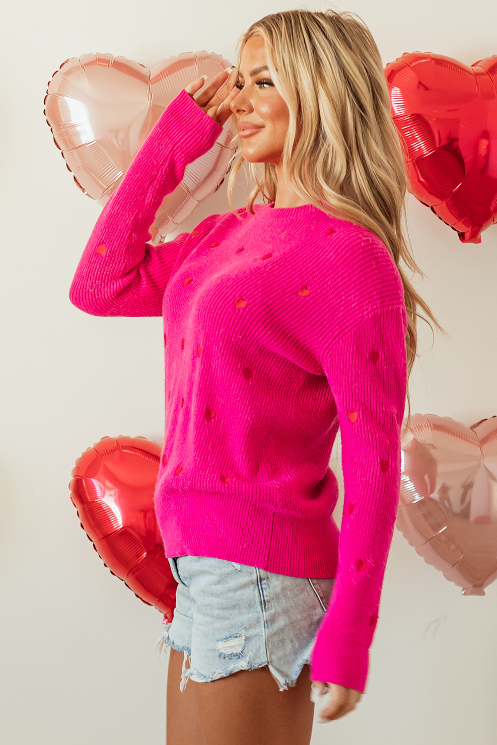 Rose Red Heart Shape Drop Shoulder Round Neck Sweater - loveforevers