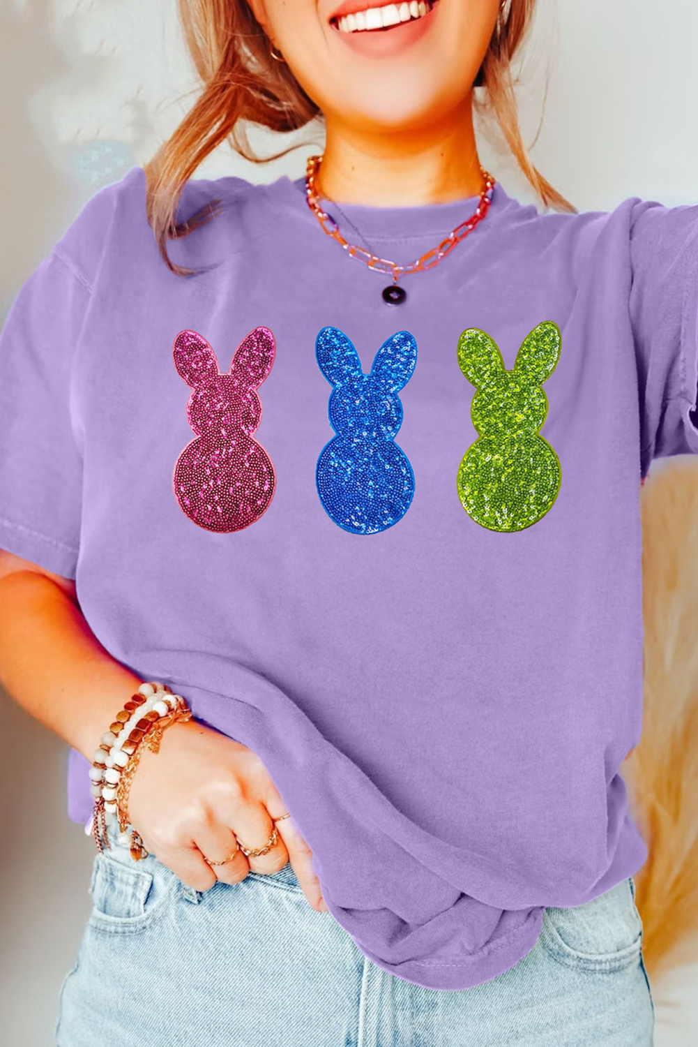 Wisteria Easter Shiny Bunny Graphic Crewneck T Shirt - loveforevers
