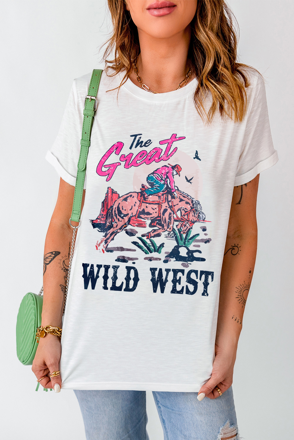 White The Great WILD WEST Rodeo Graphic Crew Neck T Shirt - loveforevers