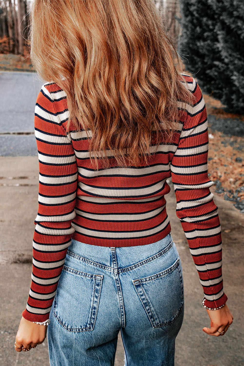 Striped Print Ribbed Knit Slim Fit Top - loveforevers