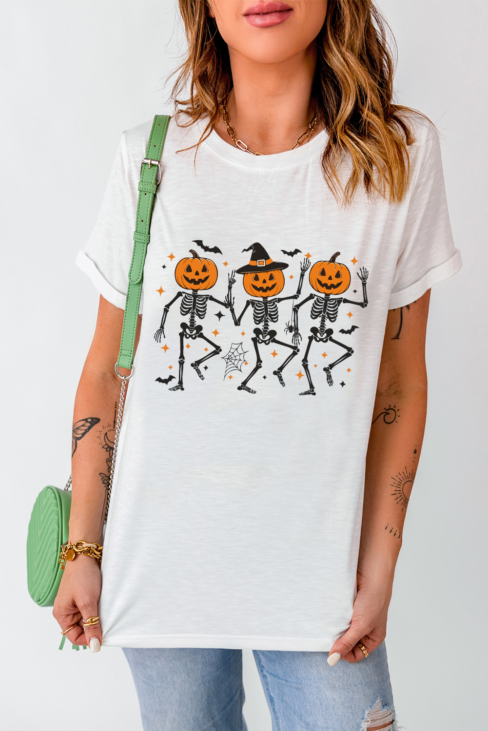 White Halloween Pumpkin Skeleton Graphic Cotton Blend Tee - loveforevers