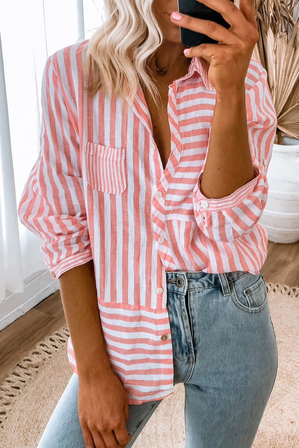 Pink Stripe Buttoned Long Sleeve Casual Shirt - loveforevers