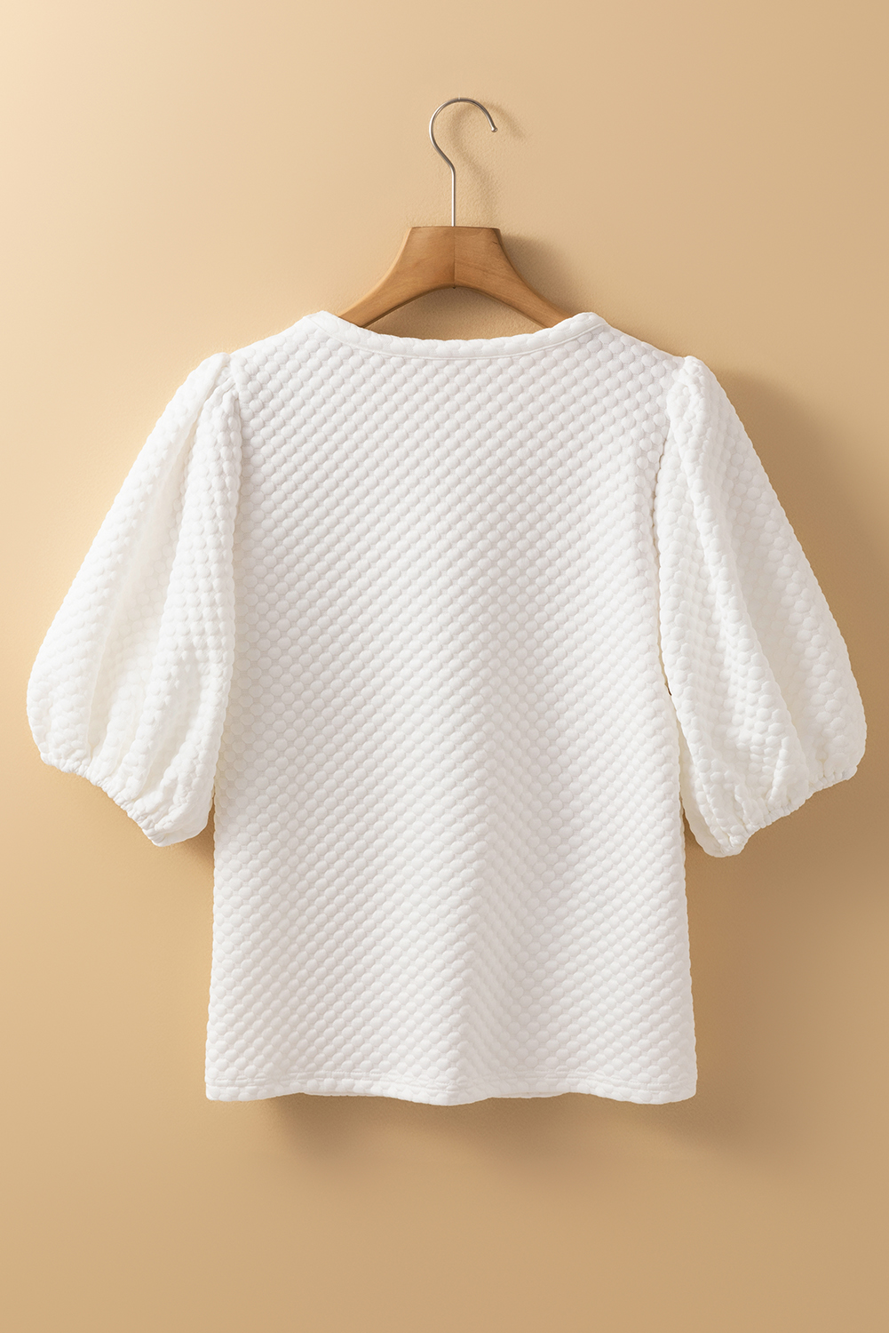 White Solid Textured O Neck Puff Sleeve Blouse - loveforevers