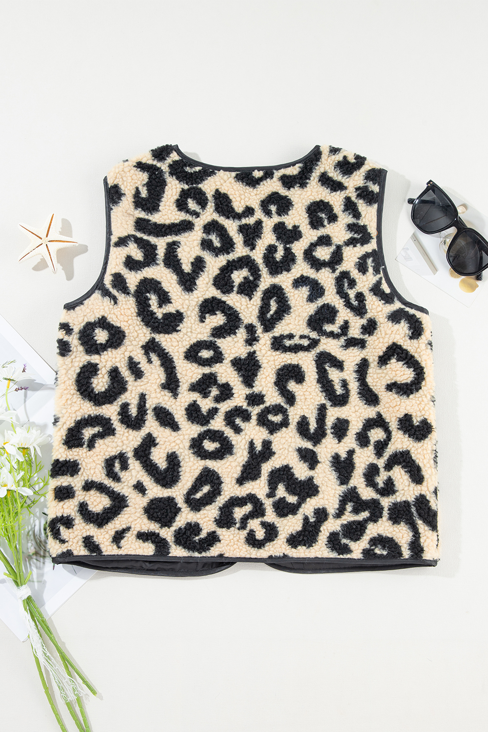 Black Leopard Print Sherpa Vest Coat - loveforevers