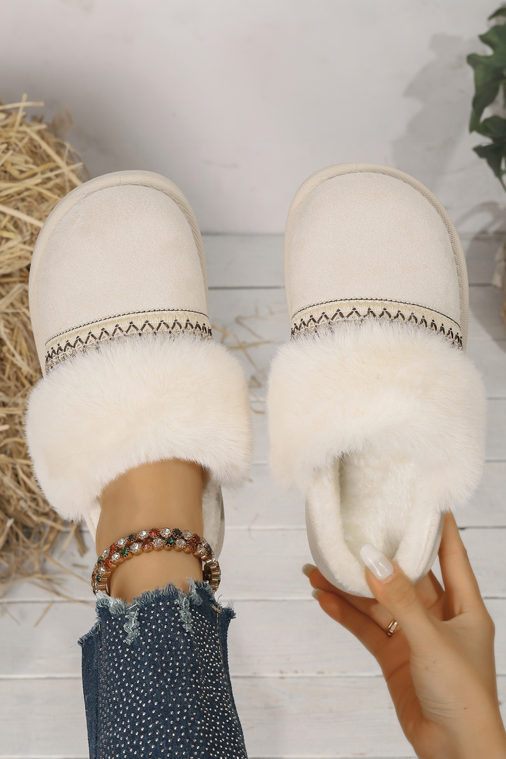 White Faux Suede Plush Trim Ethnic Mule Slippers - loveforevers