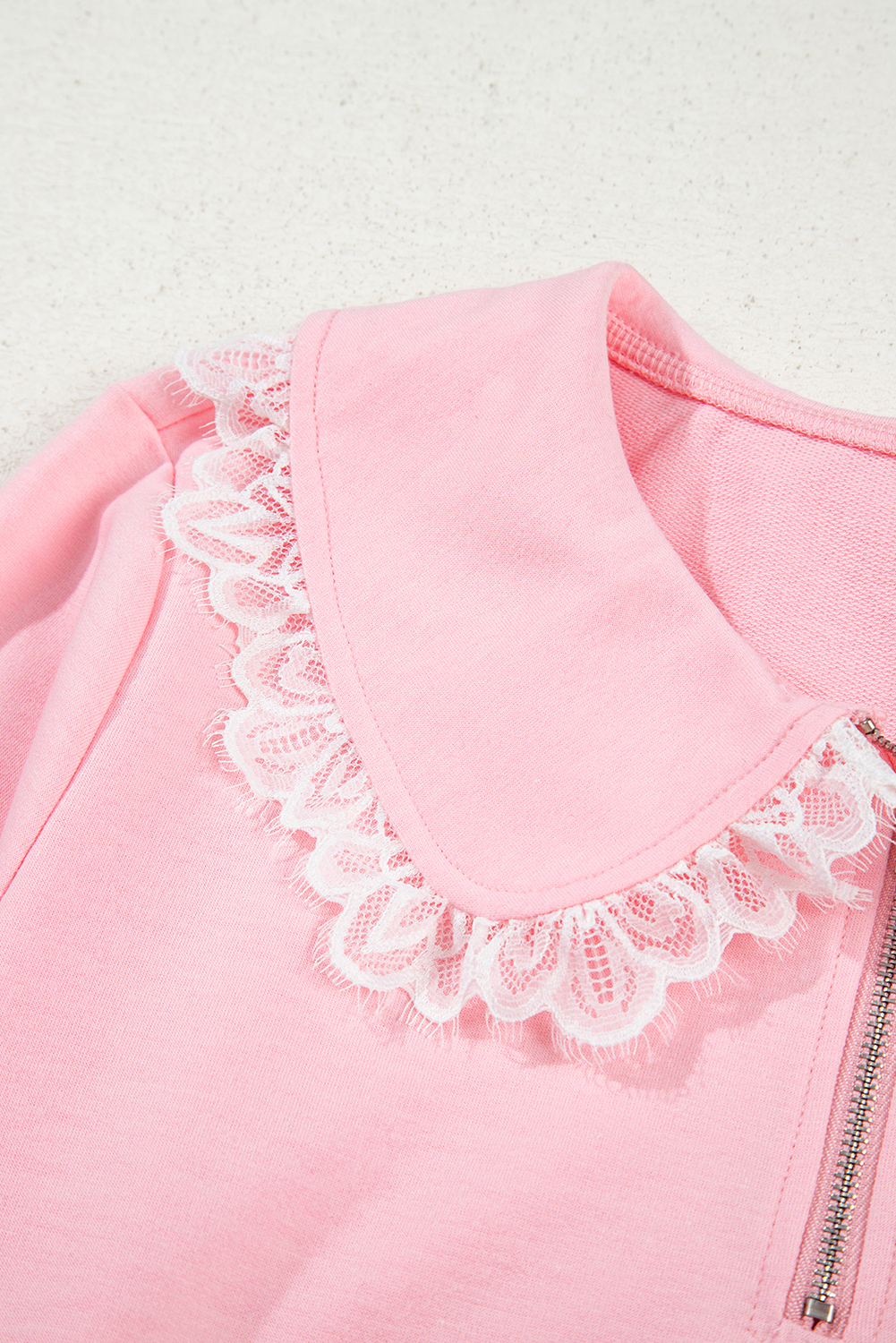 Pink Peter Pan Lace Embellished Neck Collision Sweatshirt and Skirt Two Piece Set - loveforevers