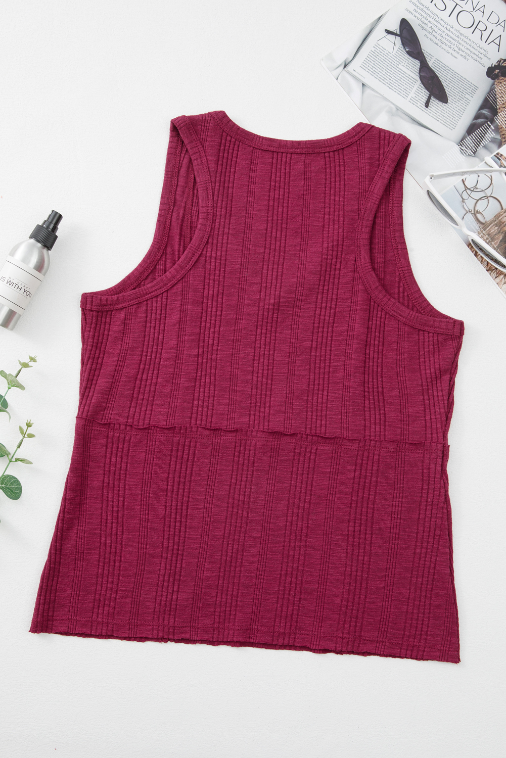 Red Dahlia Ribbed Textured Exposed Stitching Knit Tank Top - loveforevers