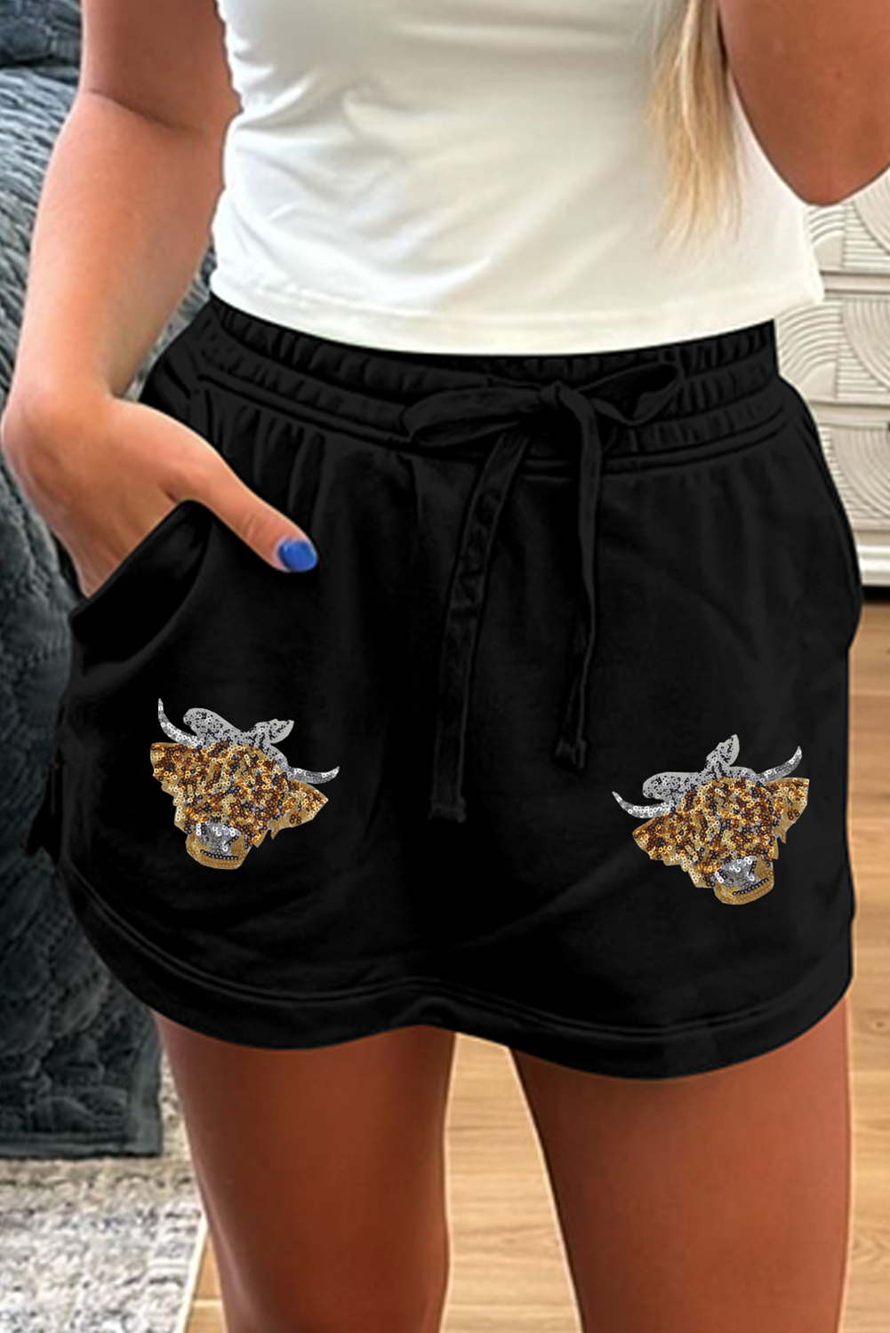 Black Sequin Heifer Patched French Terry Drawstring Skort - loveforevers