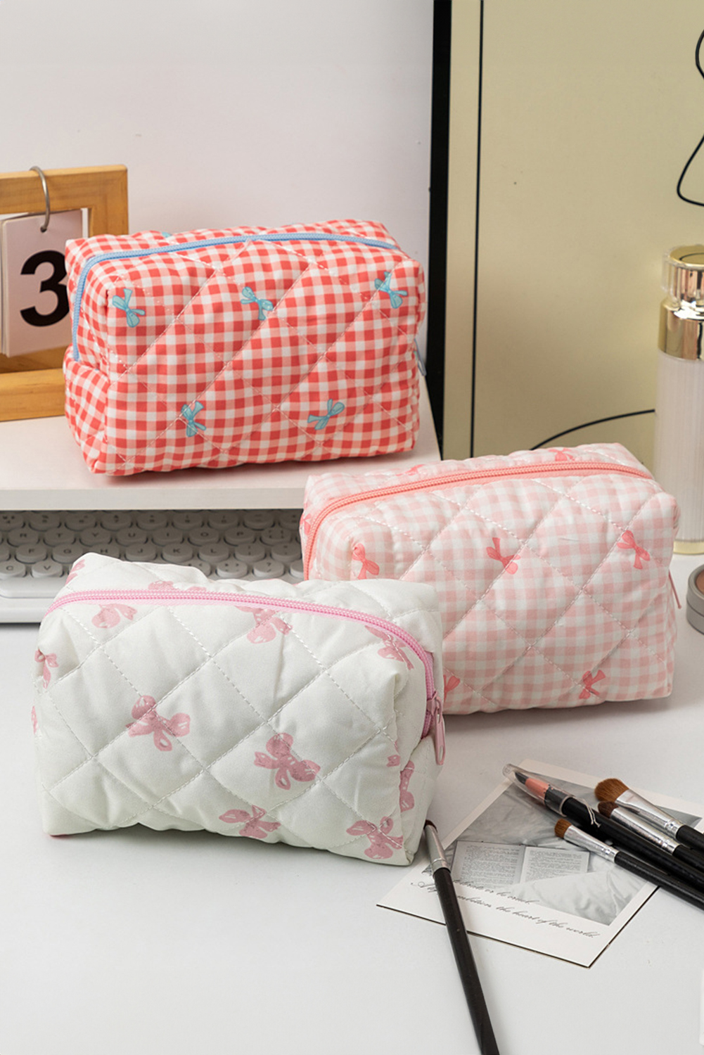 Pink Sweet Bow Knot Print Quilted Zipper Cosmetic Bag - loveforevers