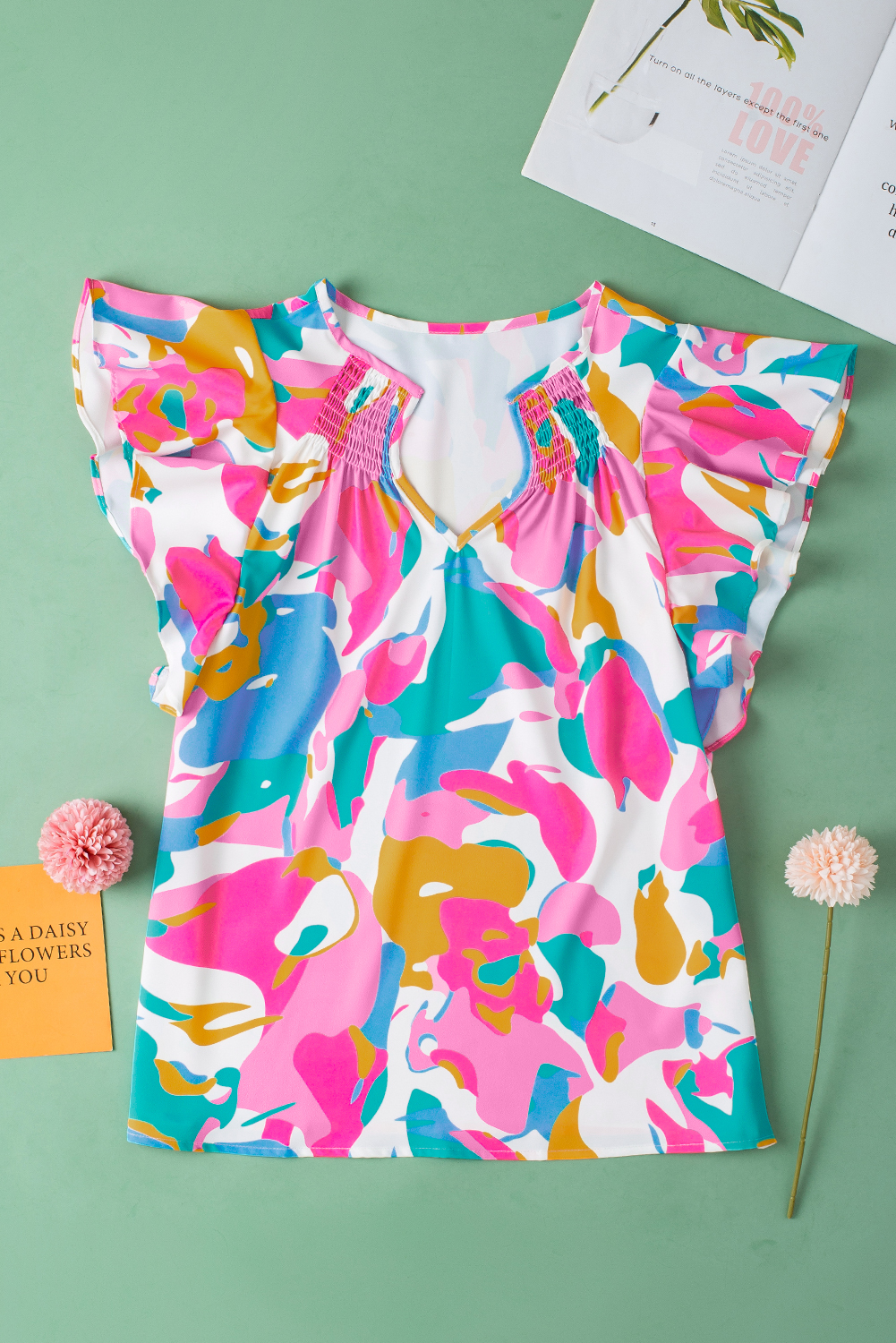 Multicolour Abstract Print Notched Neck Flutter Sleeve Blouse - loveforevers
