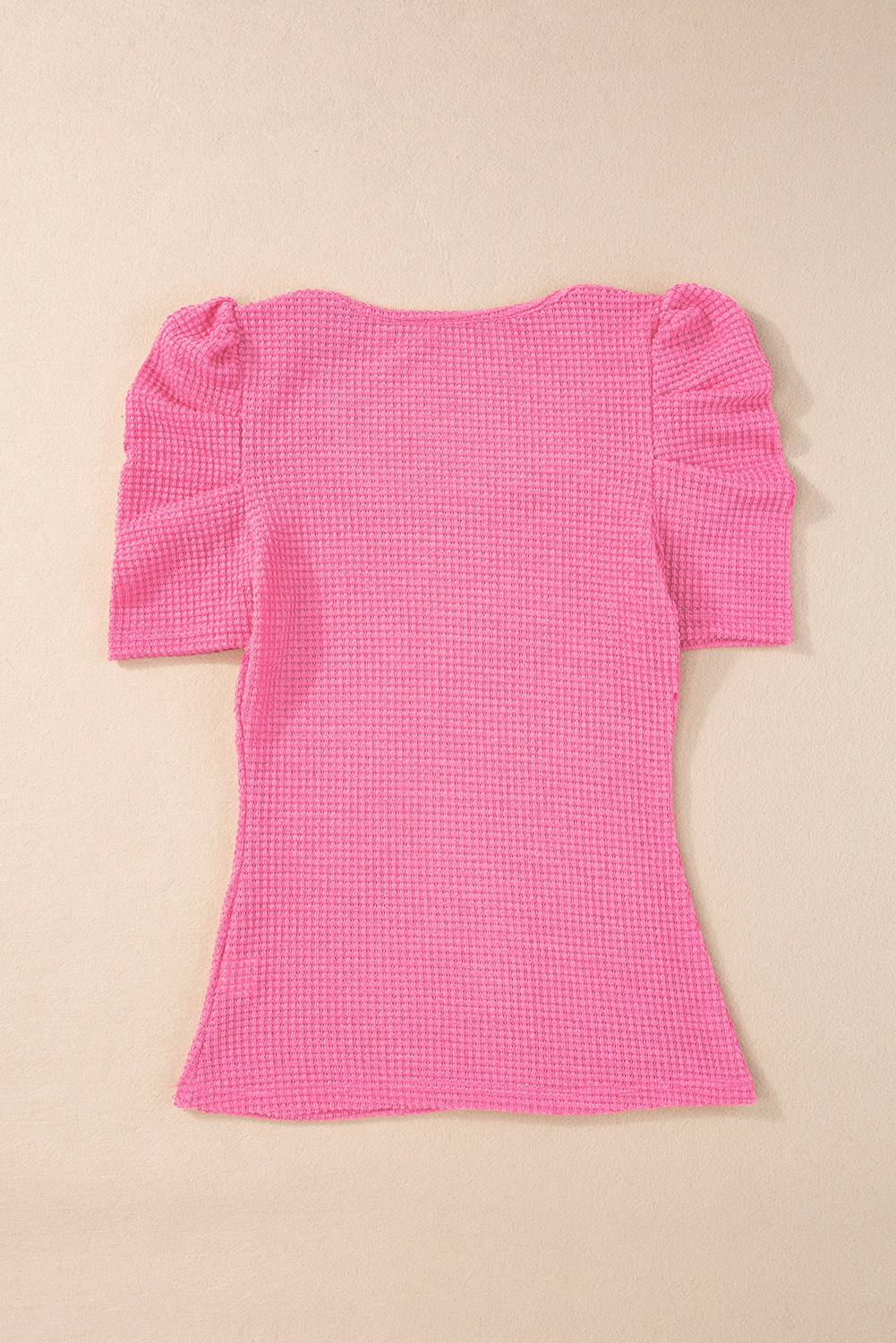 Bright Pink Waffle Knit Ruched Puff Sleeve Top - loveforevers