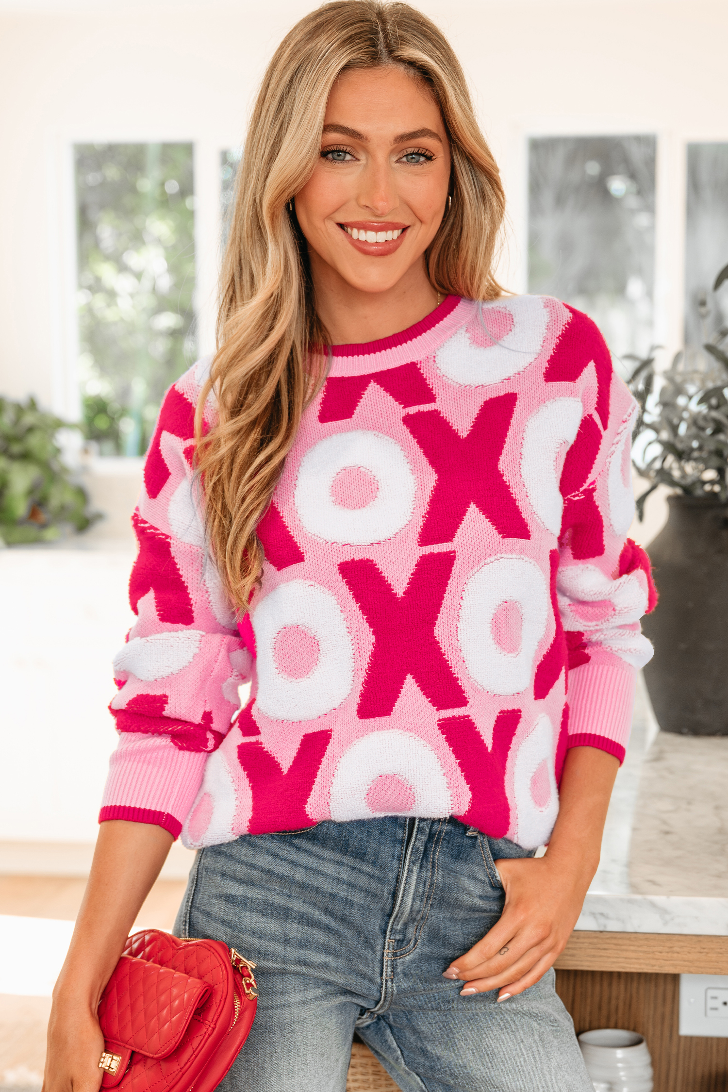 Pink XOXO Pattern Drop Shoulder Crewneck Valentines Sweater - loveforevers