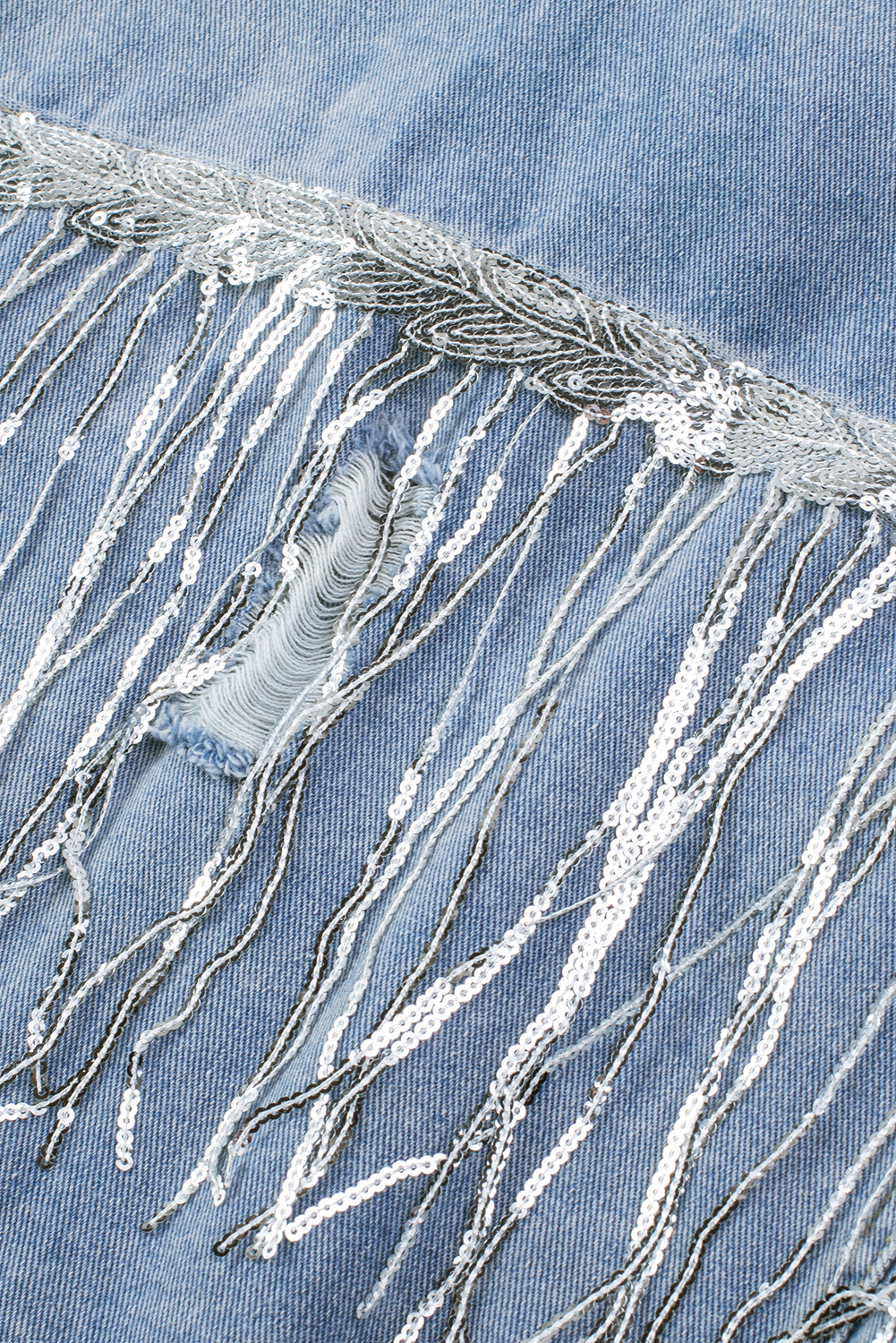 Sky Blue Sequin Embellished Fringe Distressed Denim Jacket - loveforevers