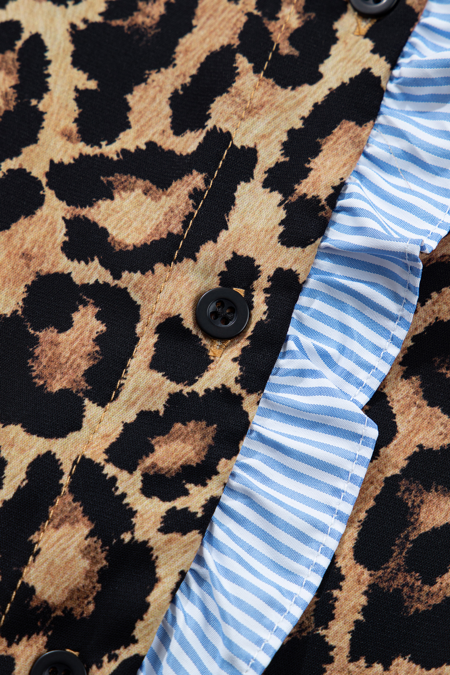 Brown Wild Leopard Print Contrast Striped Frilled Trim Chic Shirt - loveforevers