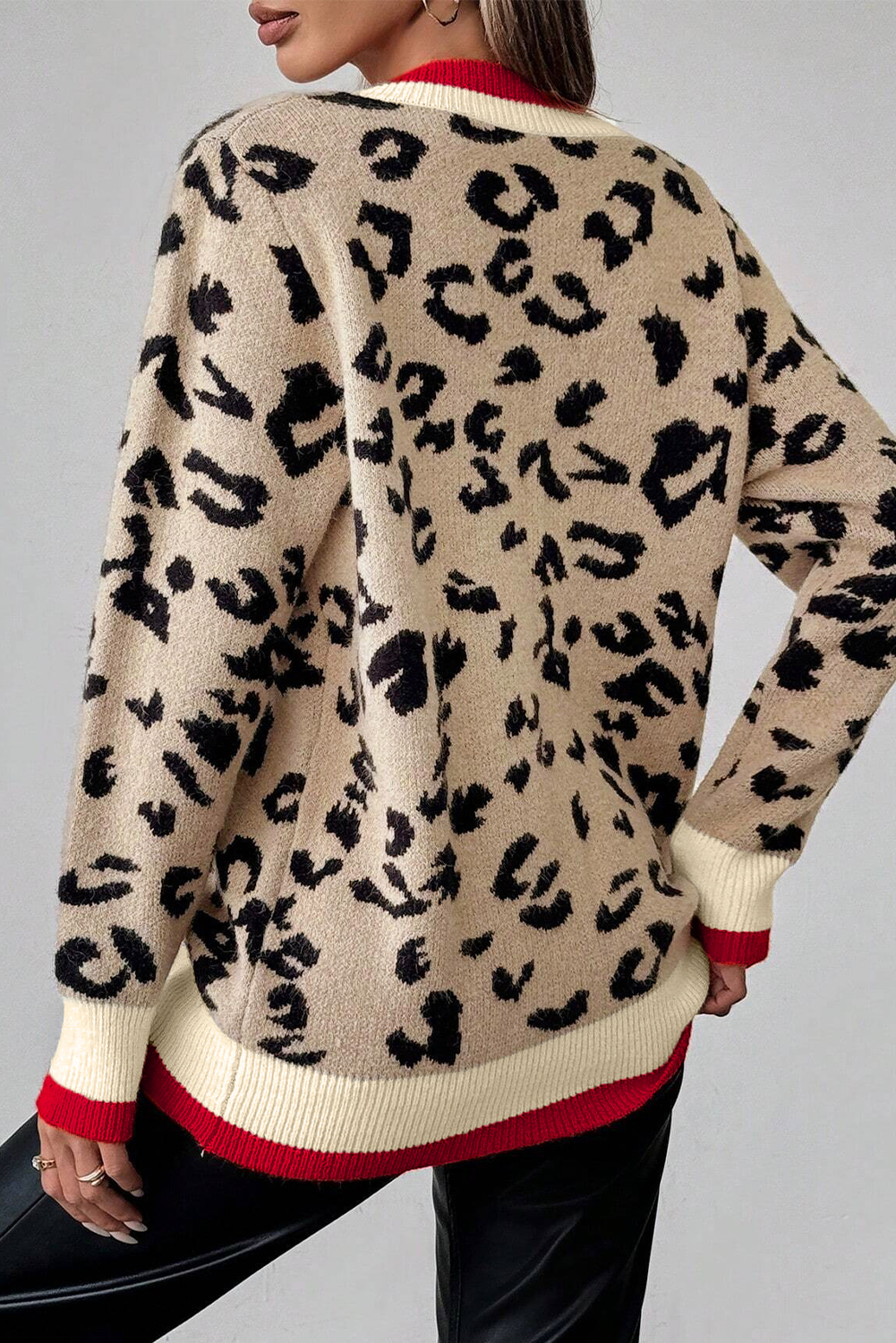 Khaki Leopard Pattern V-Neck Contrast Rib Knitted Sweater - loveforevers