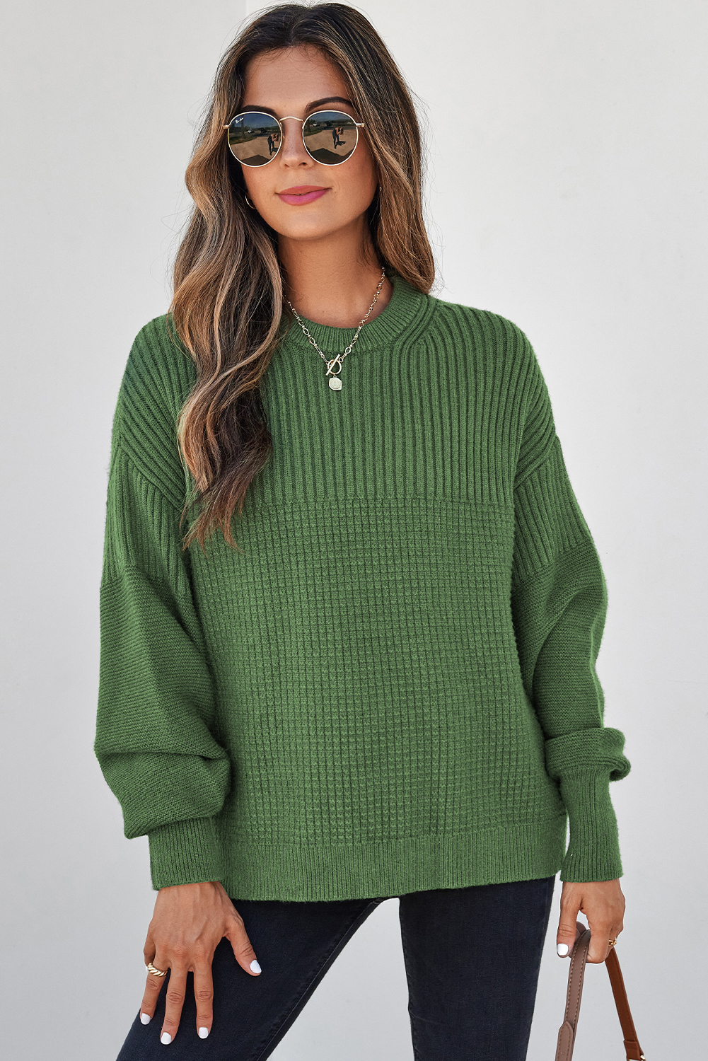 Vineyard Green Solid Color Mixed Textured Knitted Crew Neck Sweater - loveforevers