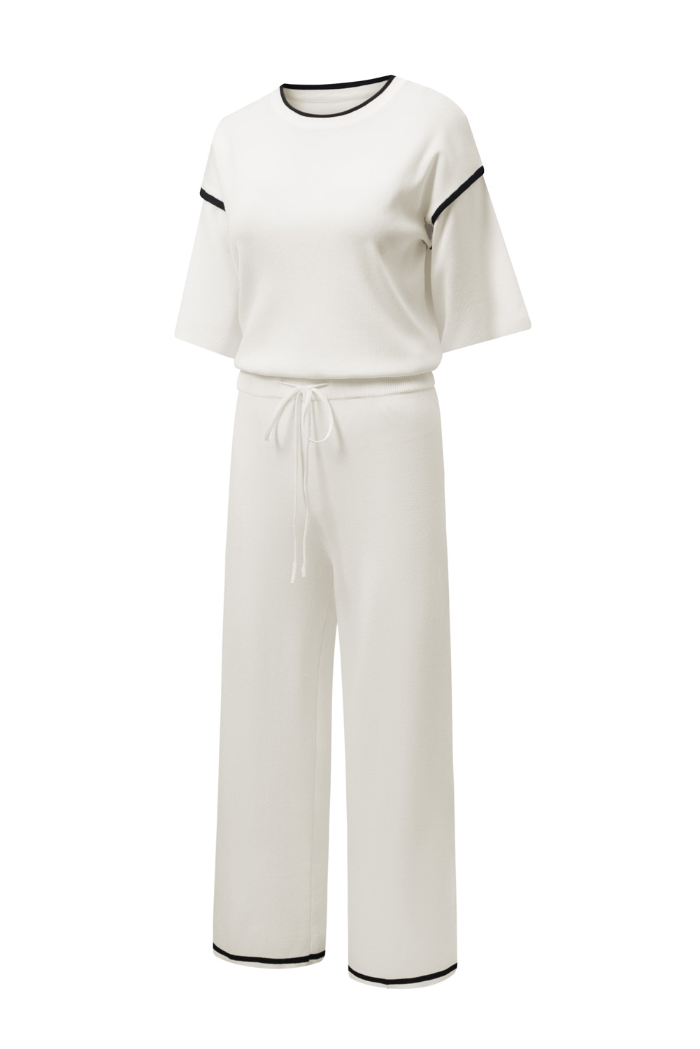 Blackish Green Contrast Trim Half Sleeve Top Drawstring Pants Loose 2pcs Sweater Suit - loveforevers