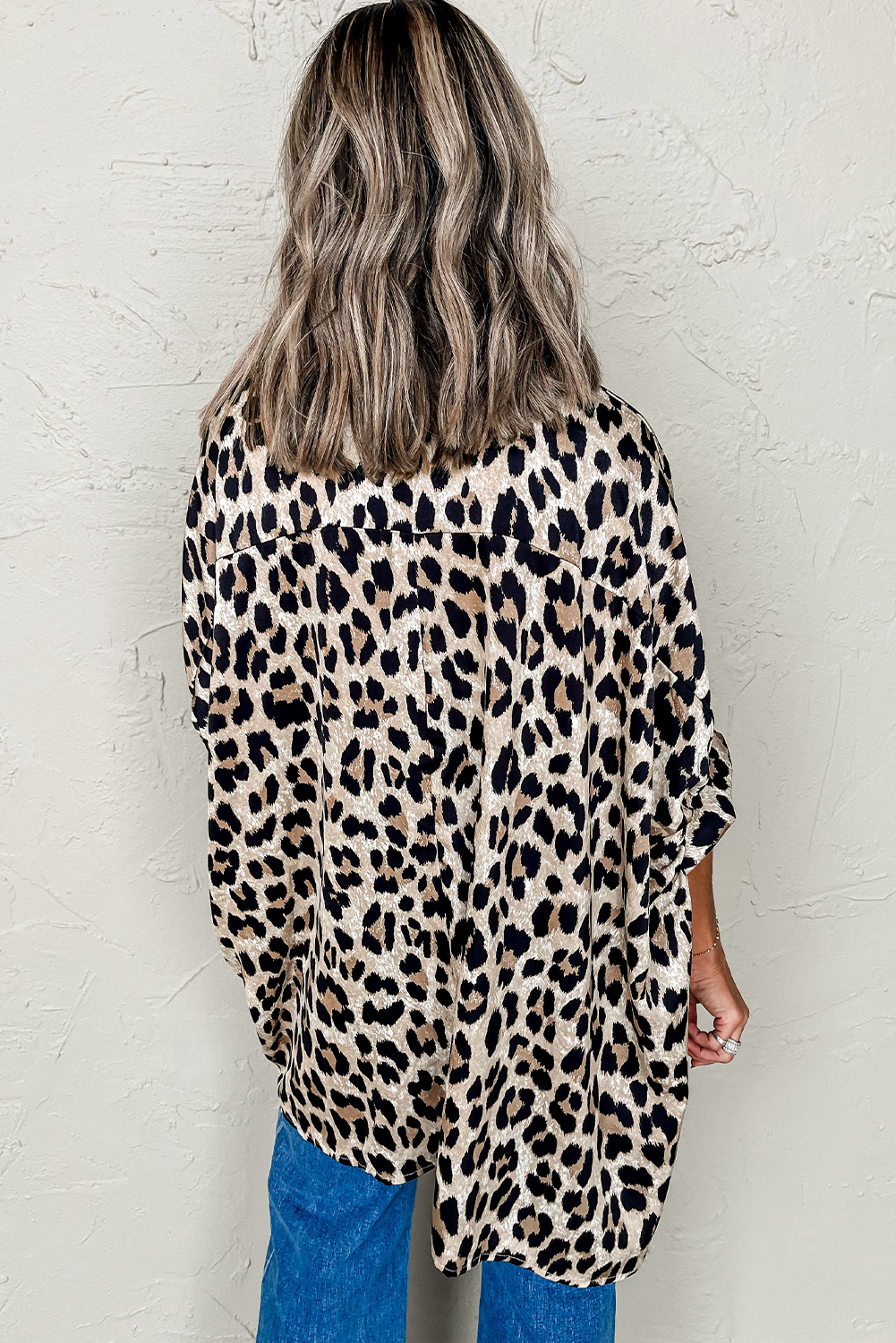 Beige Leopard Print Buttoned 3/4 Sleeve Loose Fit Shirt - loveforevers