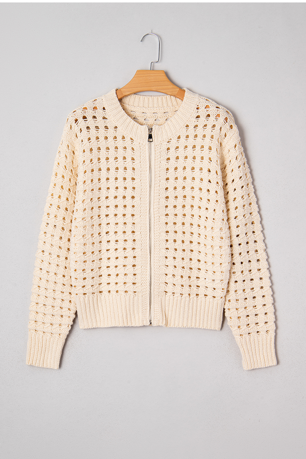 Beige Hollowed Pattern Knit Zip Up Drop Shoulder Sweater Cardigan - loveforevers
