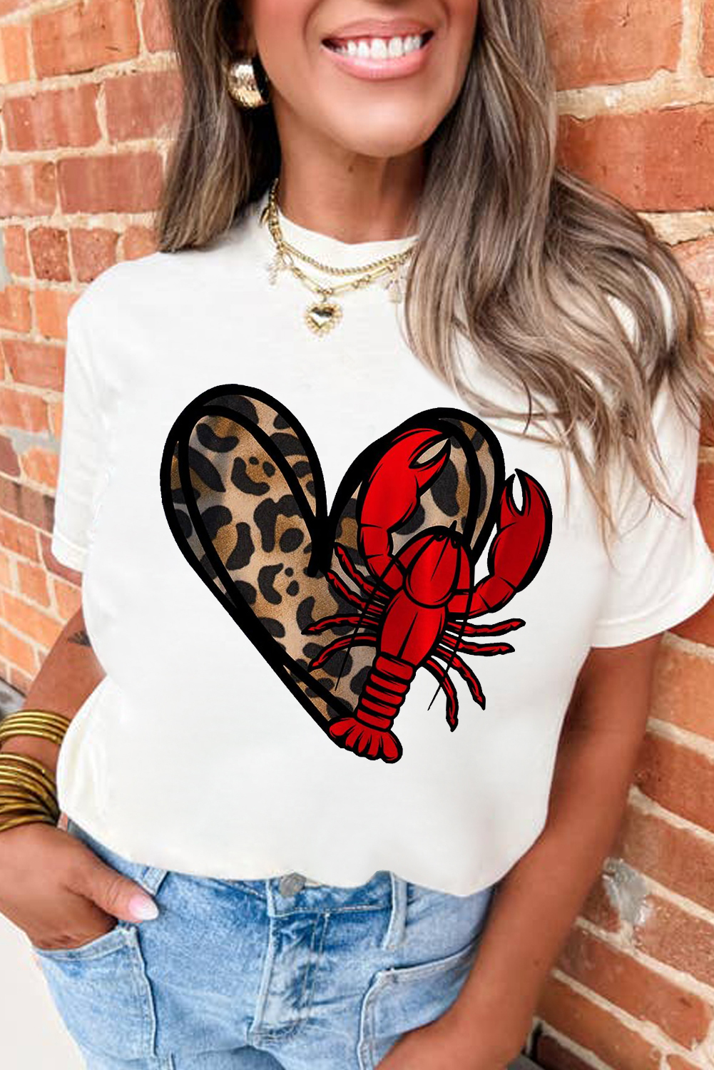 White Crawfish Leopard Heart Print Crewneck Tee - loveforevers