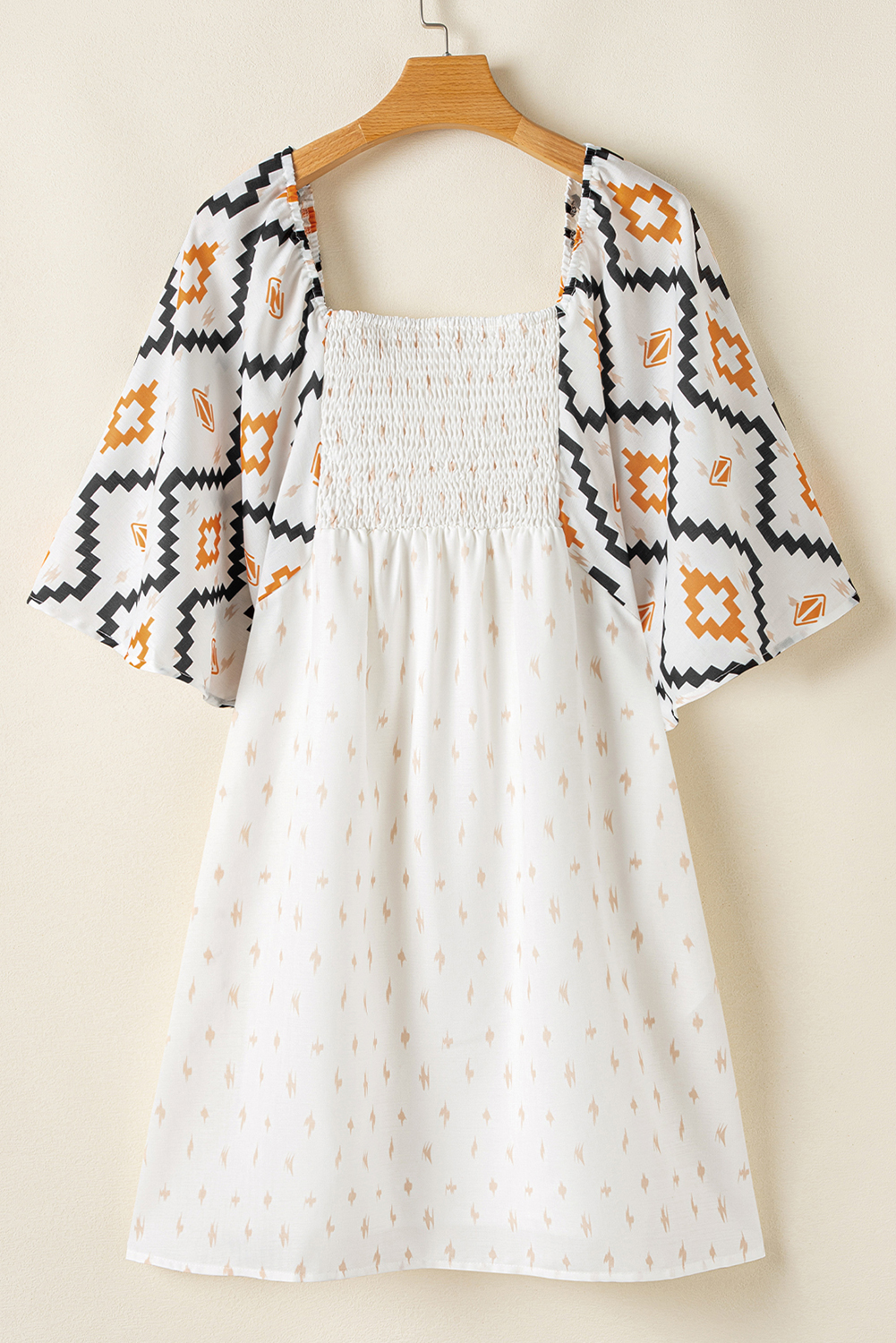 Beige Western Aztec Print Pleated Square Neck Loose Mini Dress - loveforevers