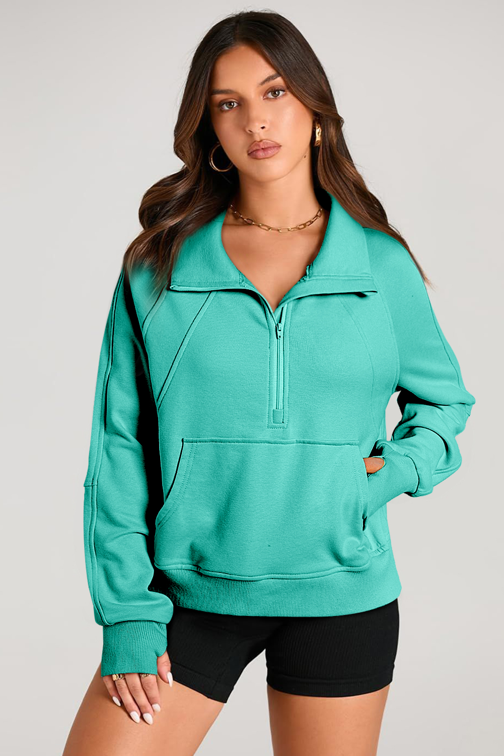 Aruba Blue Quarter Zip Stand Neck Kangaroo Pocket Sweatshirt - loveforevers