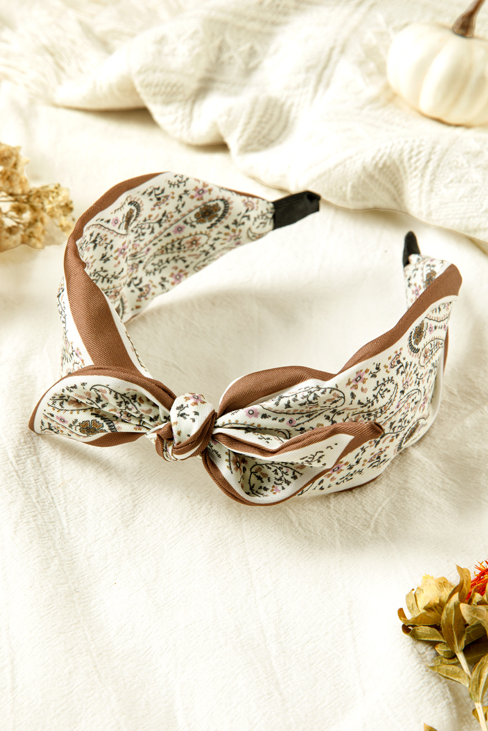 White Bohemian Floral Print Satin Bow Knot Hairband - loveforevers