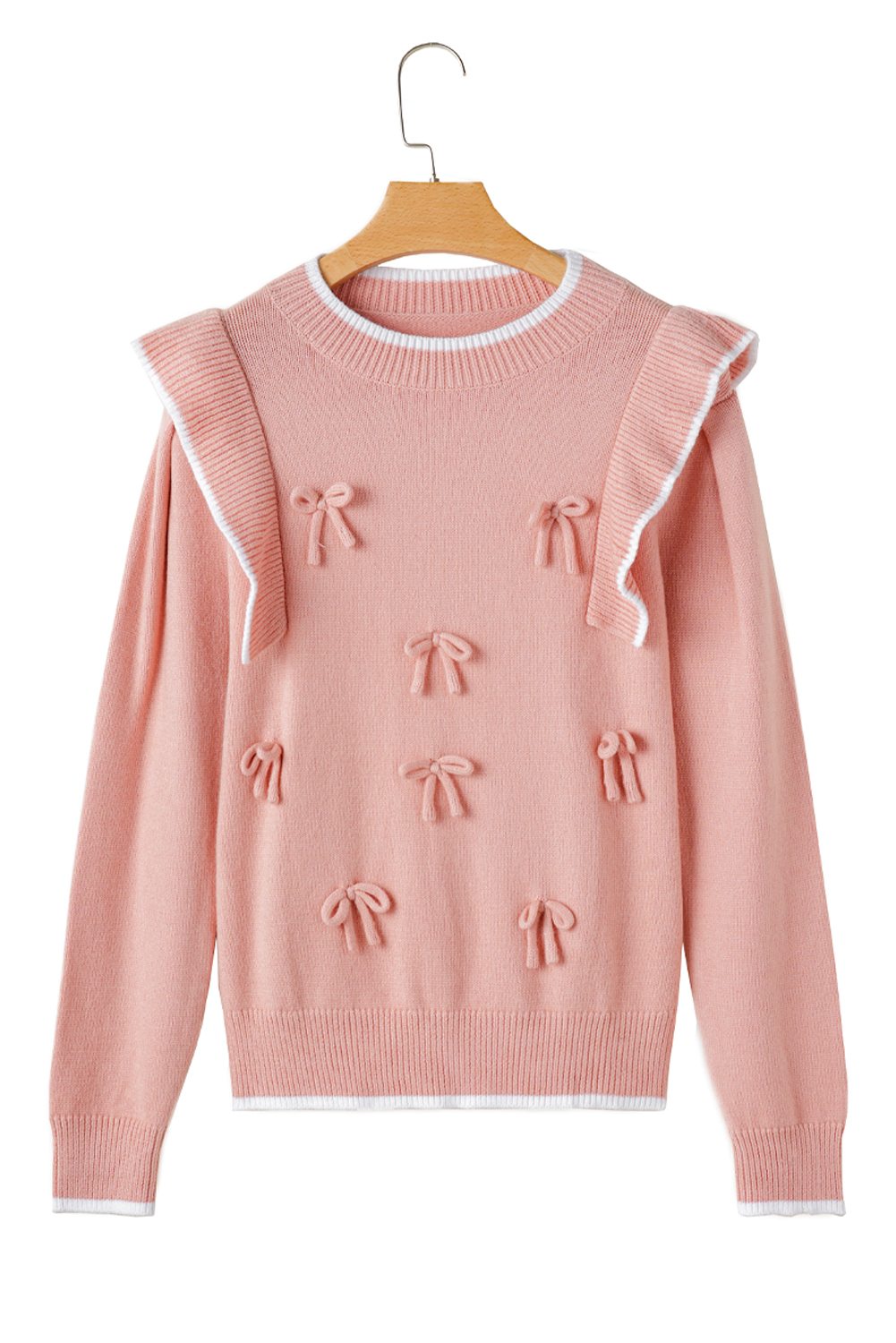 Light Pink Ruffled Bowknot Ribbed Trim Long Sleeve Sweater - loveforevers