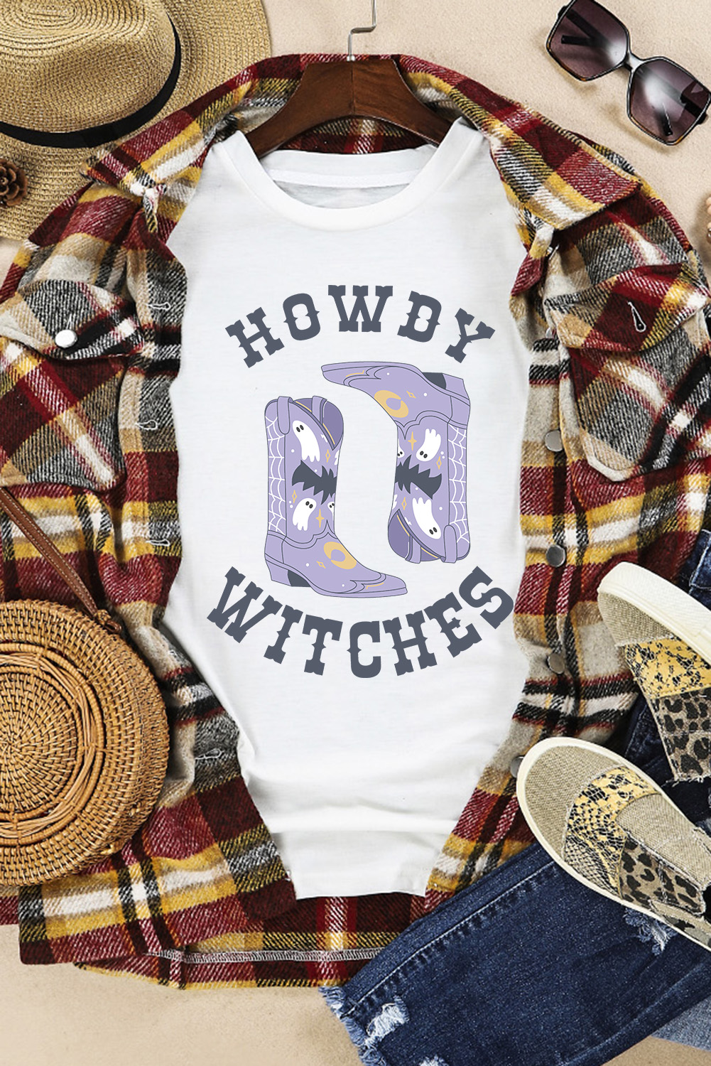 White HOWDY WITCHES Halloween Boots Crewneck T Shirt - loveforevers