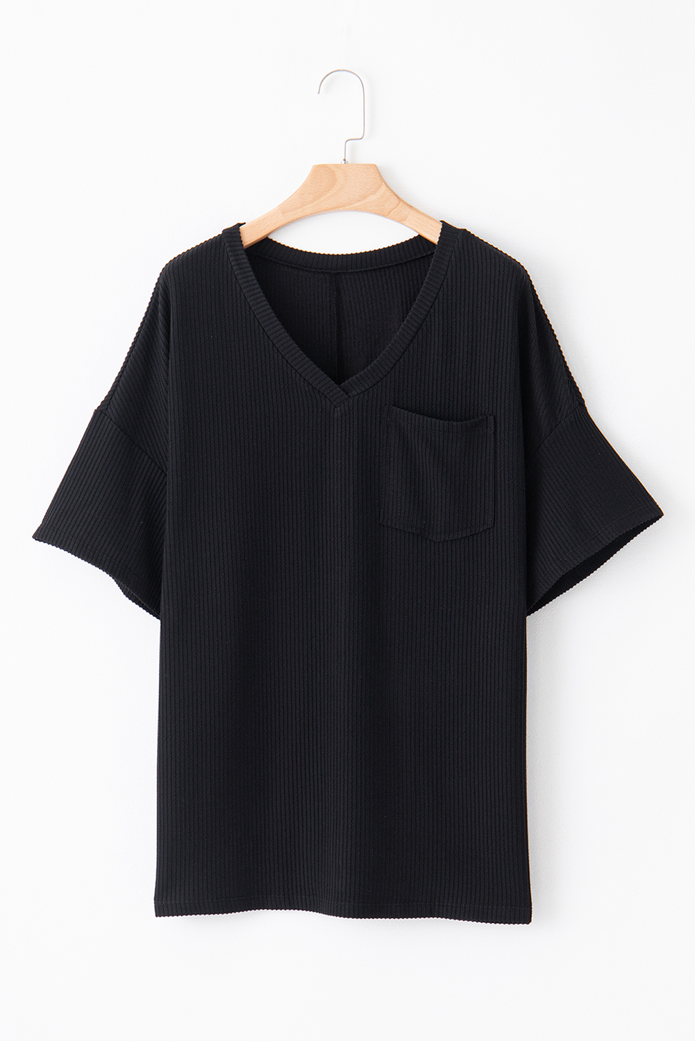 Black Textured V-Neck Dropped Shoulder Plus T-Shirt - loveforevers