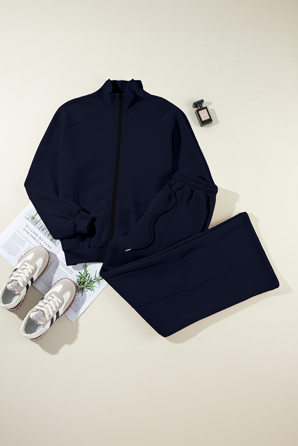 Navy Blue Drop Shoulder Zip Up Jacket Drawstring Pants Active 2pcs Set - loveforevers