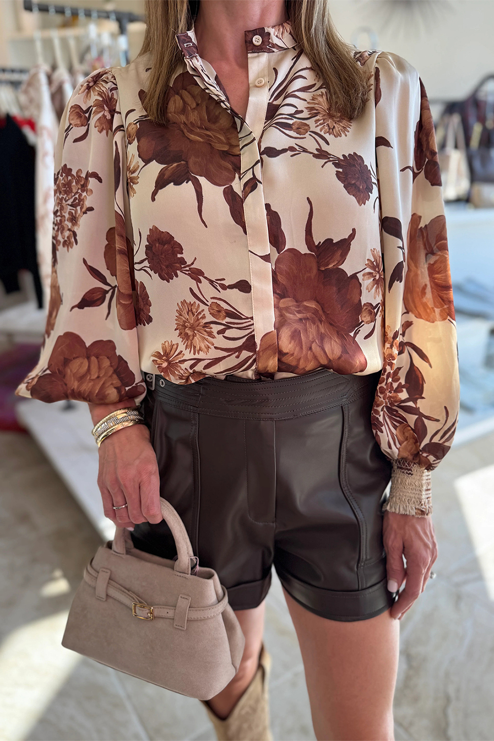 Brown Floral Print Button Down Poet Sleeve Shirt - loveforevers