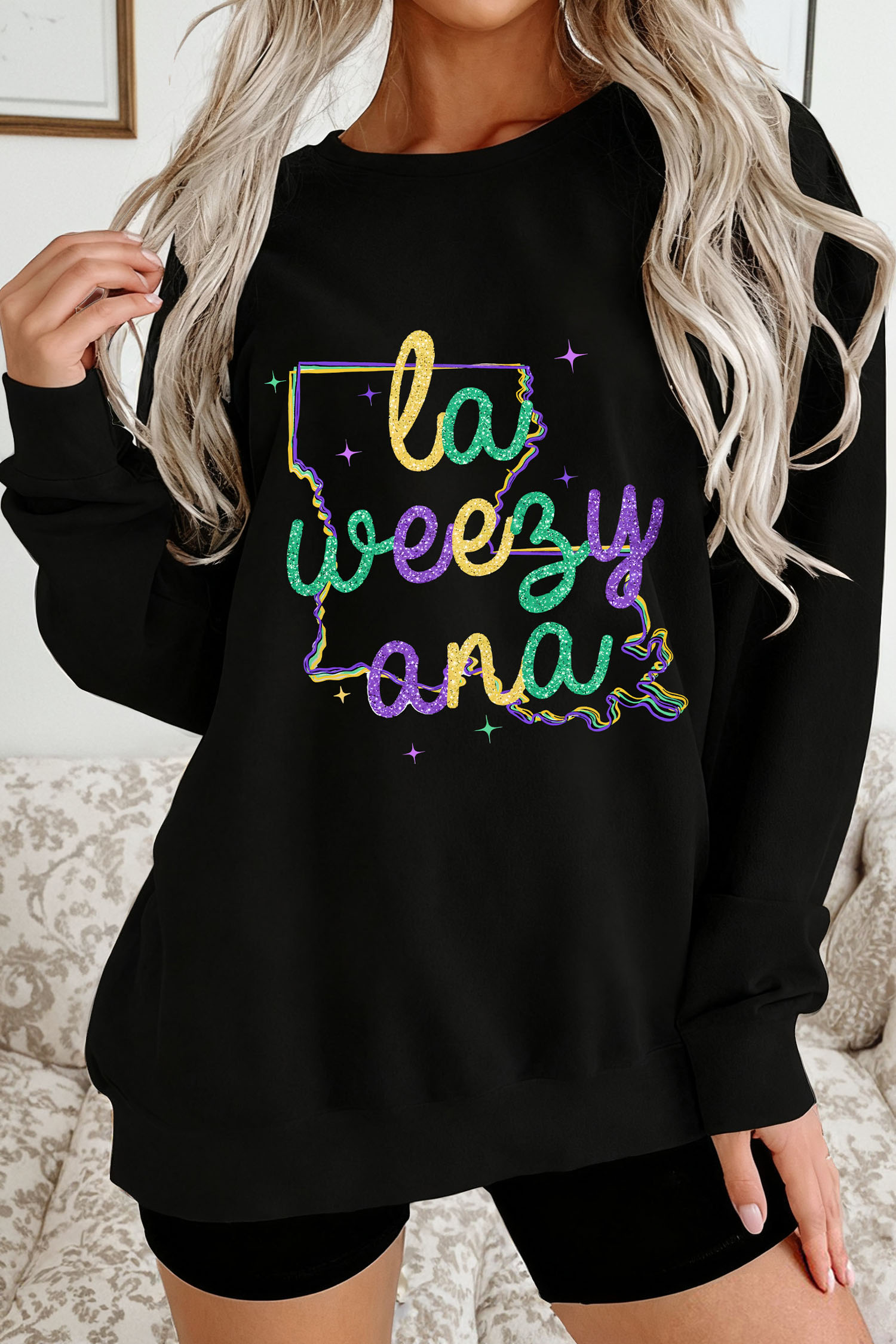 Black la weezy ana Mardi Gras Graphic Pullover Sweatshirt - loveforevers