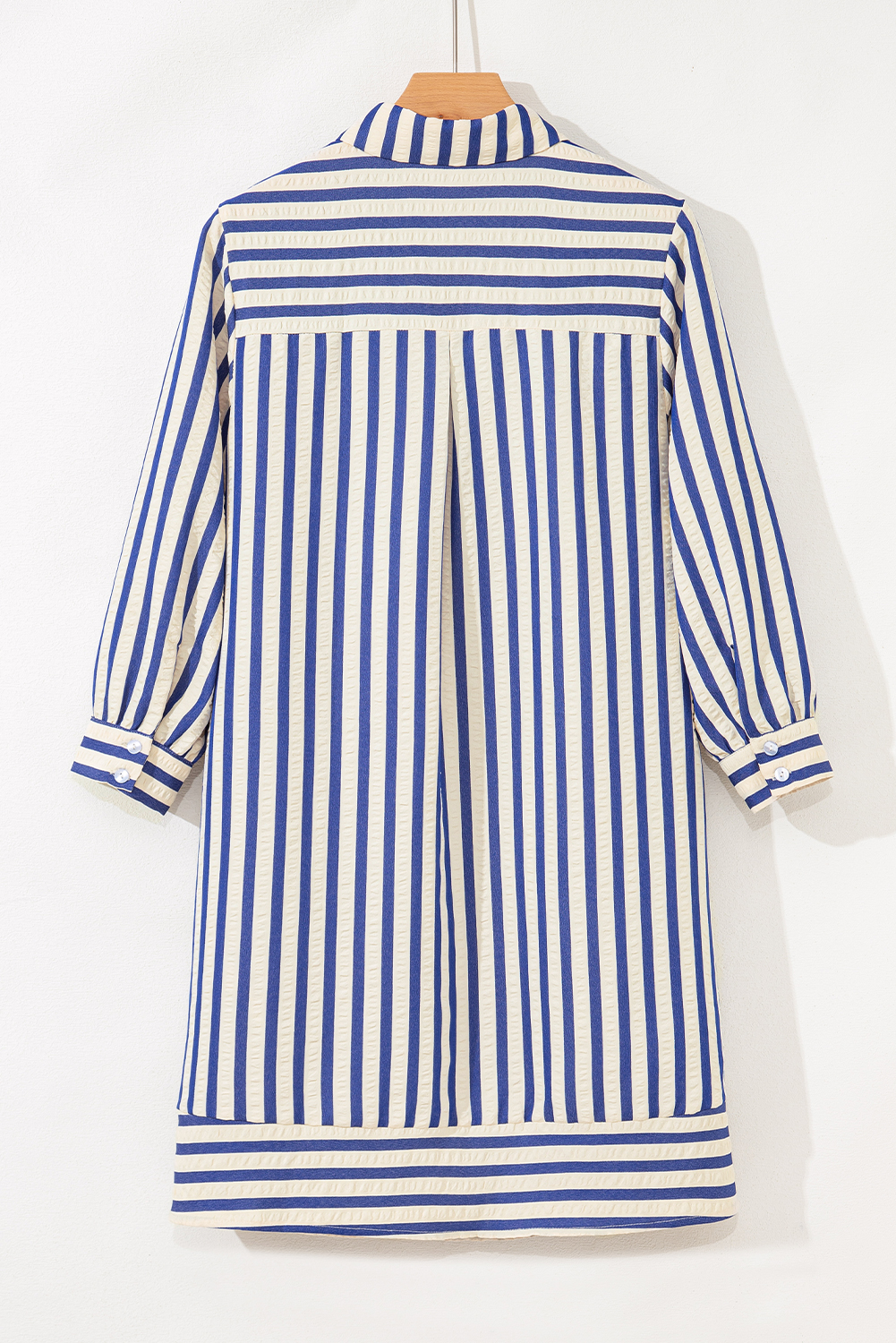 Blue Stripe Collared Half Button Side Pockets Loose Fit Mini Dress - loveforevers