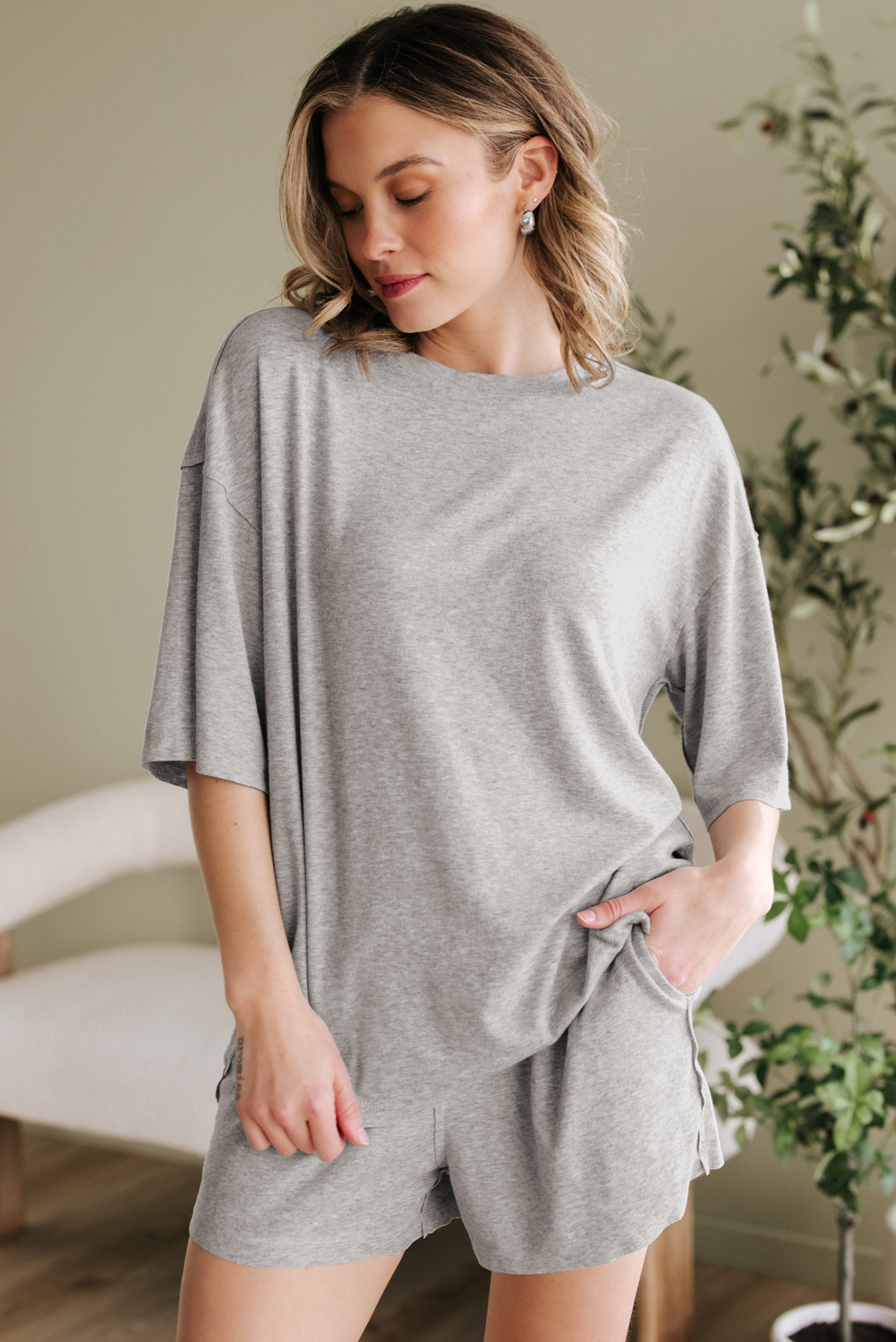 Gray Solid Color Loose Tee 2 Piece Shorts Set - loveforevers