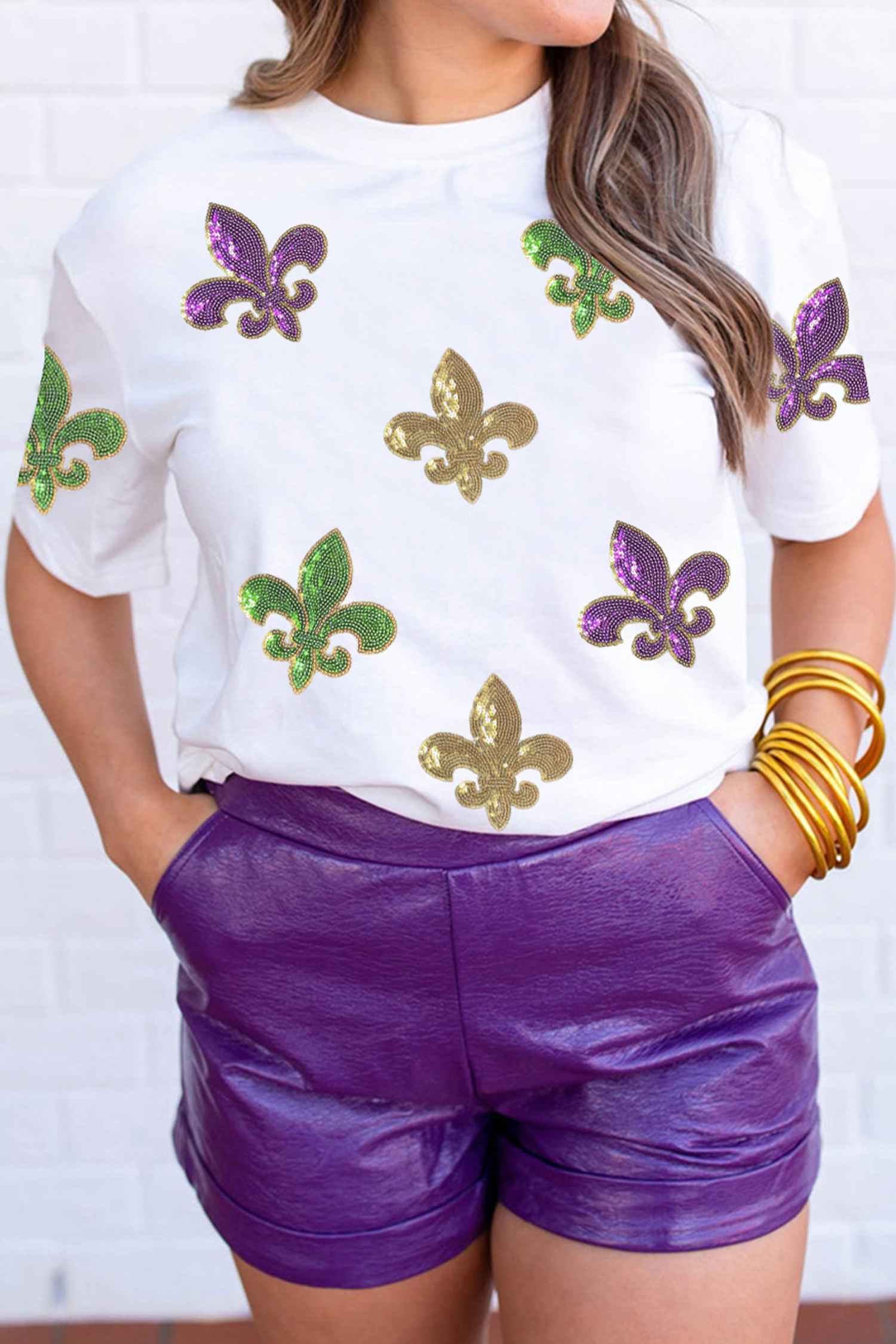 White Mardi Gras Fleur De Lis Sequin Graphic T Shirt - loveforevers