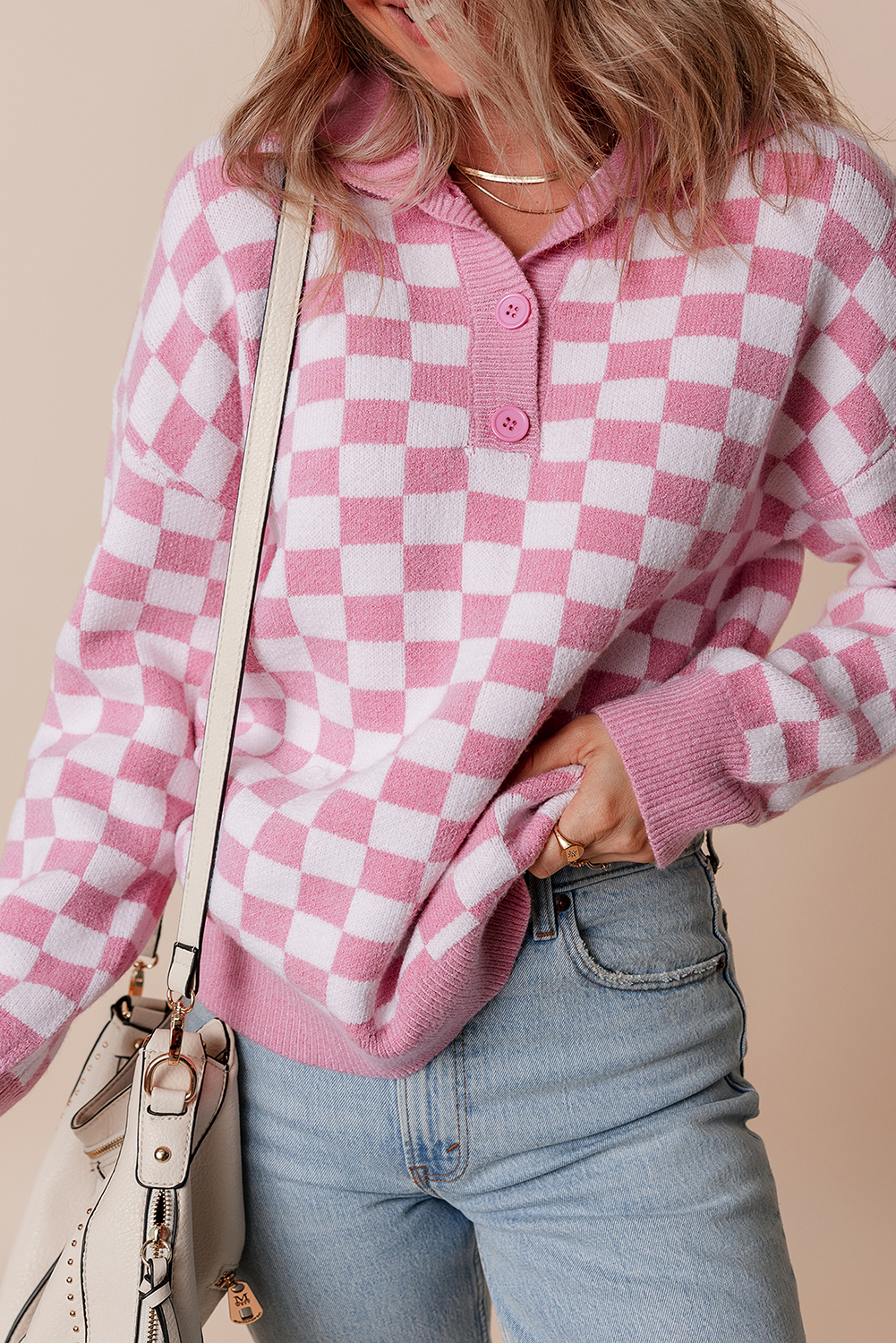 Pink Checkered Buttons Collar V Neck Drop Shoulder Sweater - loveforevers