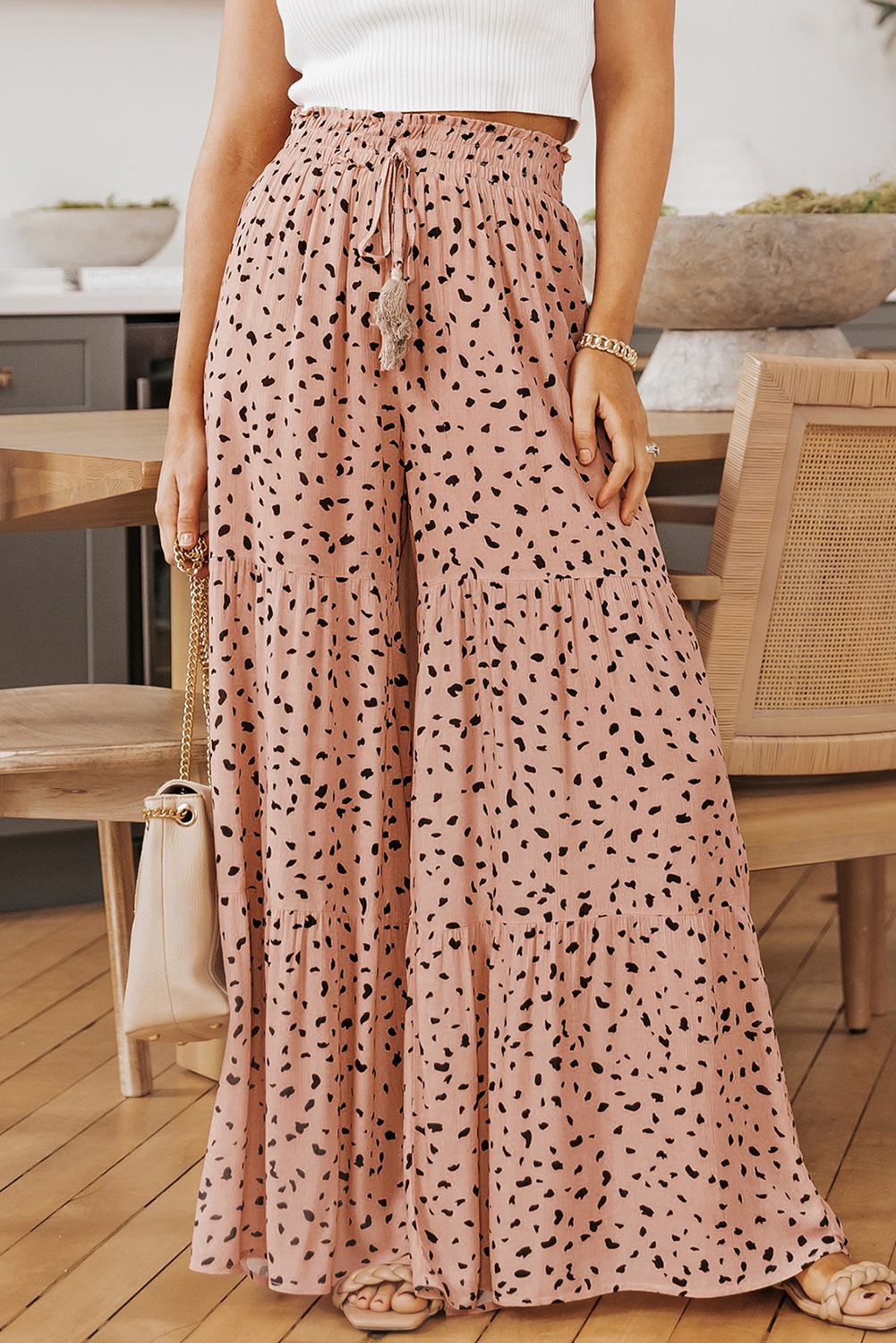 Brown Ruffle Wide Leg Dalmatian Palazzo Pants - loveforevers