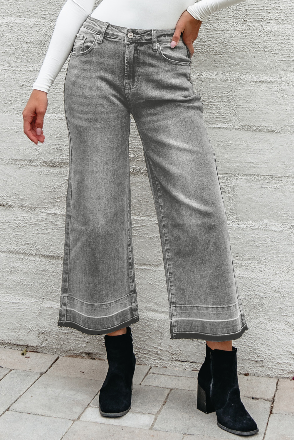 Gray Raw Hem Straight Leg Loose High Waist Jeans - loveforevers