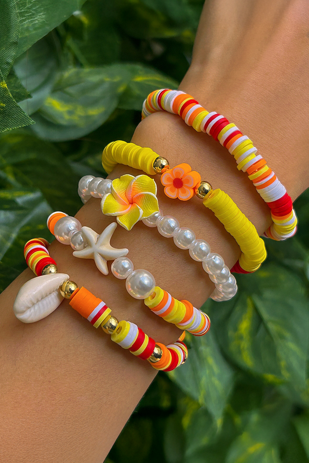 Yellow Starfish Shell Flower Pearl Beaded Multi Layer Bracelet - loveforevers