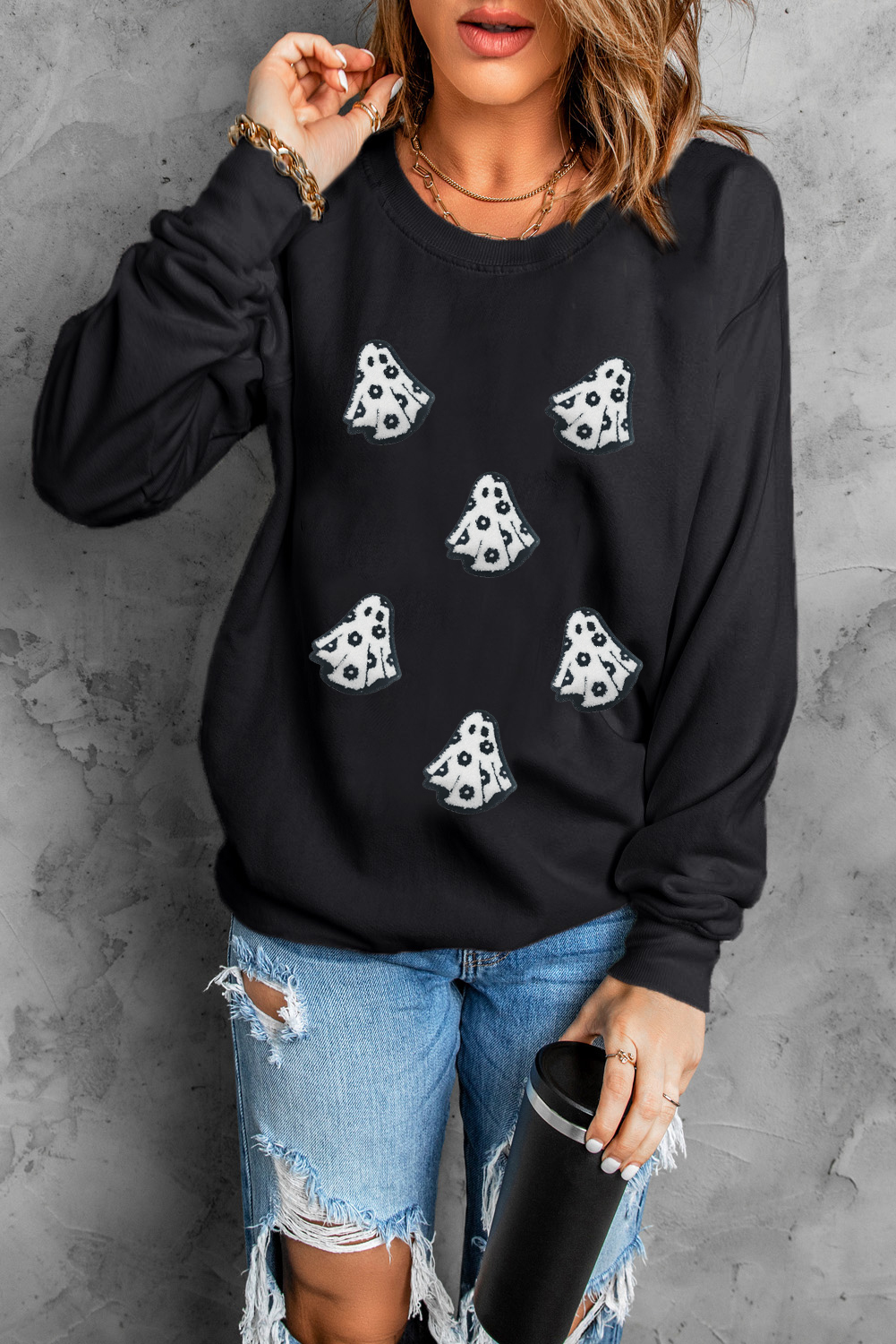 Wisteria Glitter Trim Chenille Ghost Patched Halloween Graphic Tee - loveforevers