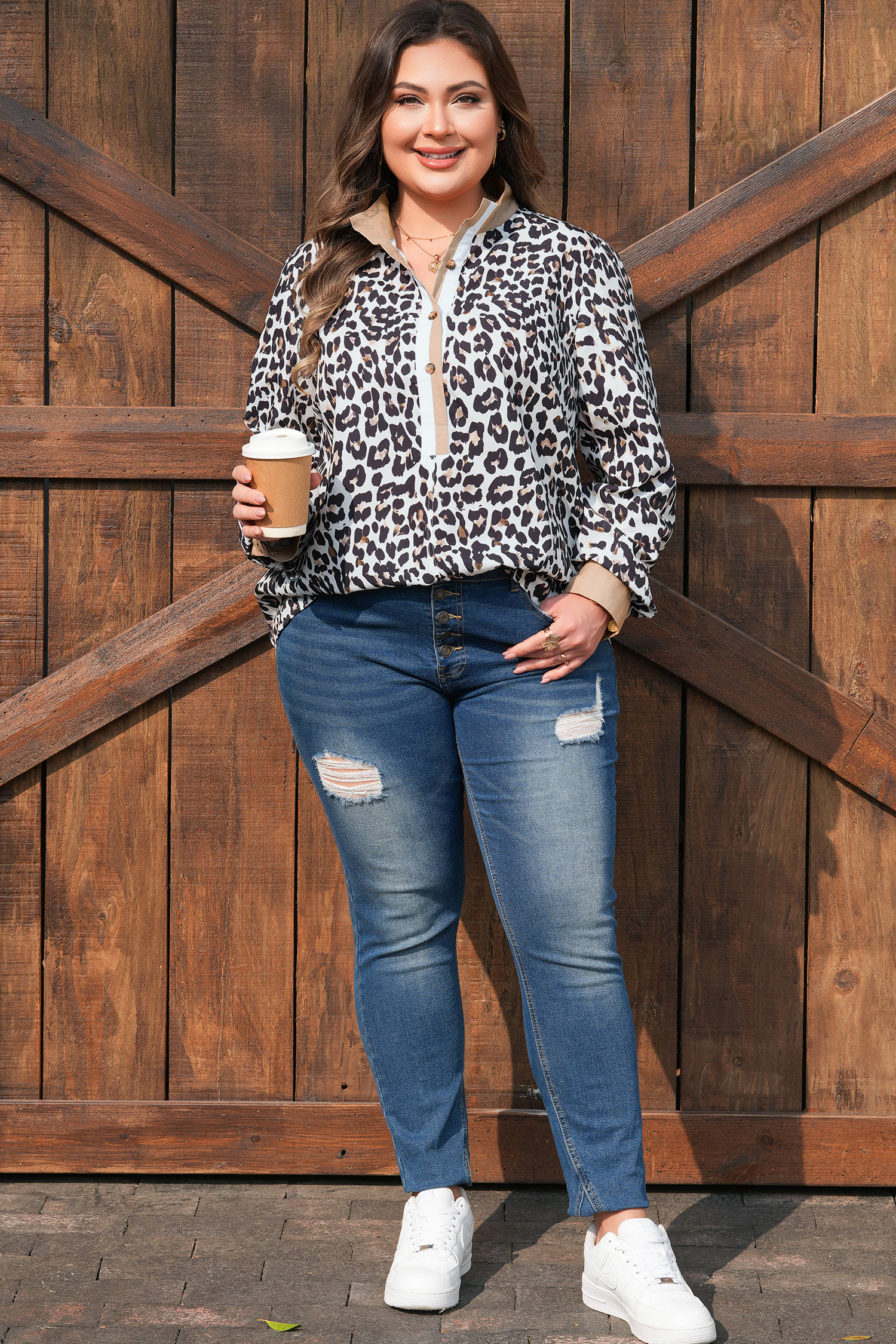 Multicolour Leopard Print Contrast Trim Button Split Neck Plus Long Sleeve Top - loveforevers