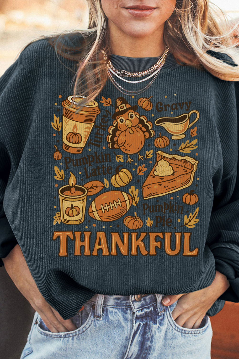 Dark Grey Twisted Ribbed THANKFUL Fall Fashion Printed Baggy Sweatshirt - loveforevers