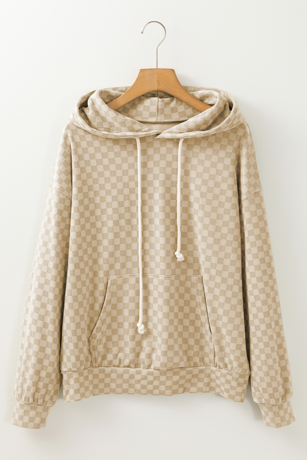 Khaki Checkered Print Kangaroo Pocket Drawstring Hoodie - loveforevers