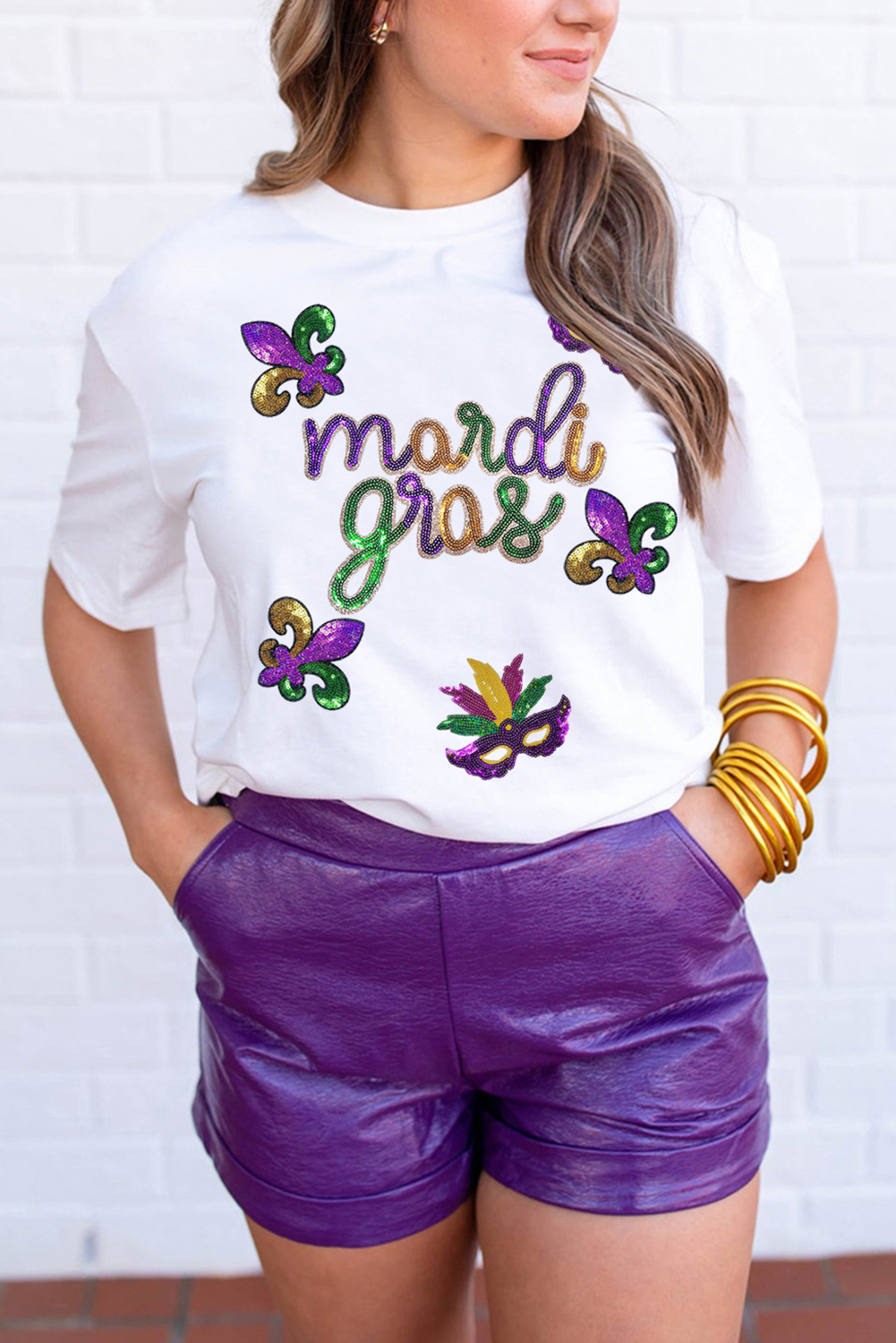 White Sequin Mardi Gras Pattern Graphic Crew Neck Tee - loveforevers