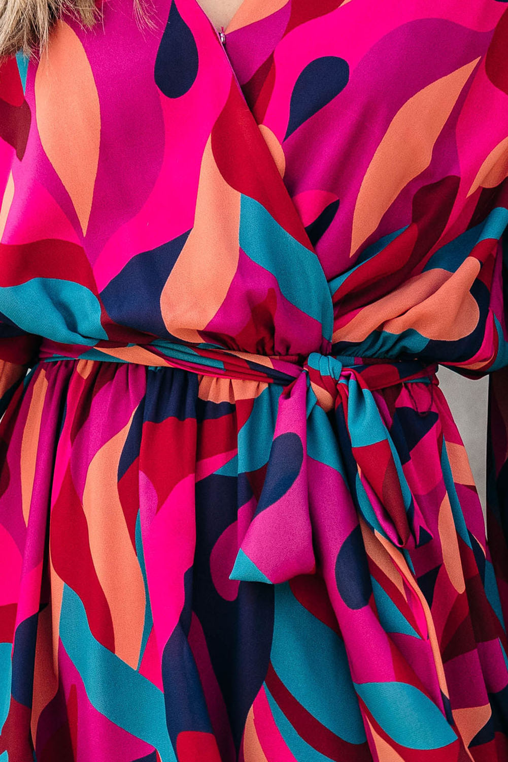 Fiery Red Abstract Printed Belted Puff Sleeve Mini Dress - loveforevers