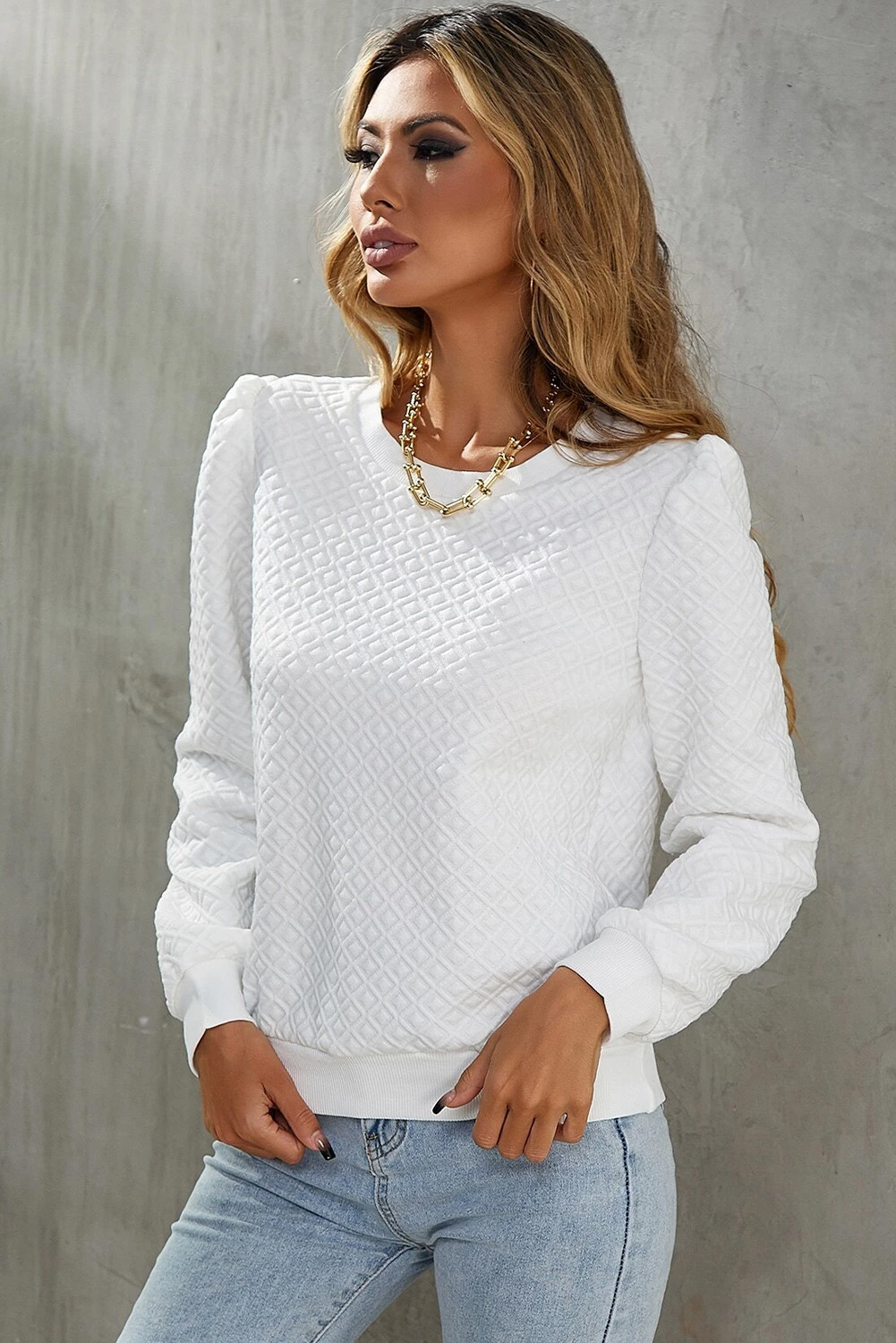 White Textured Puff Long Sleeve Round Neck Top - loveforevers